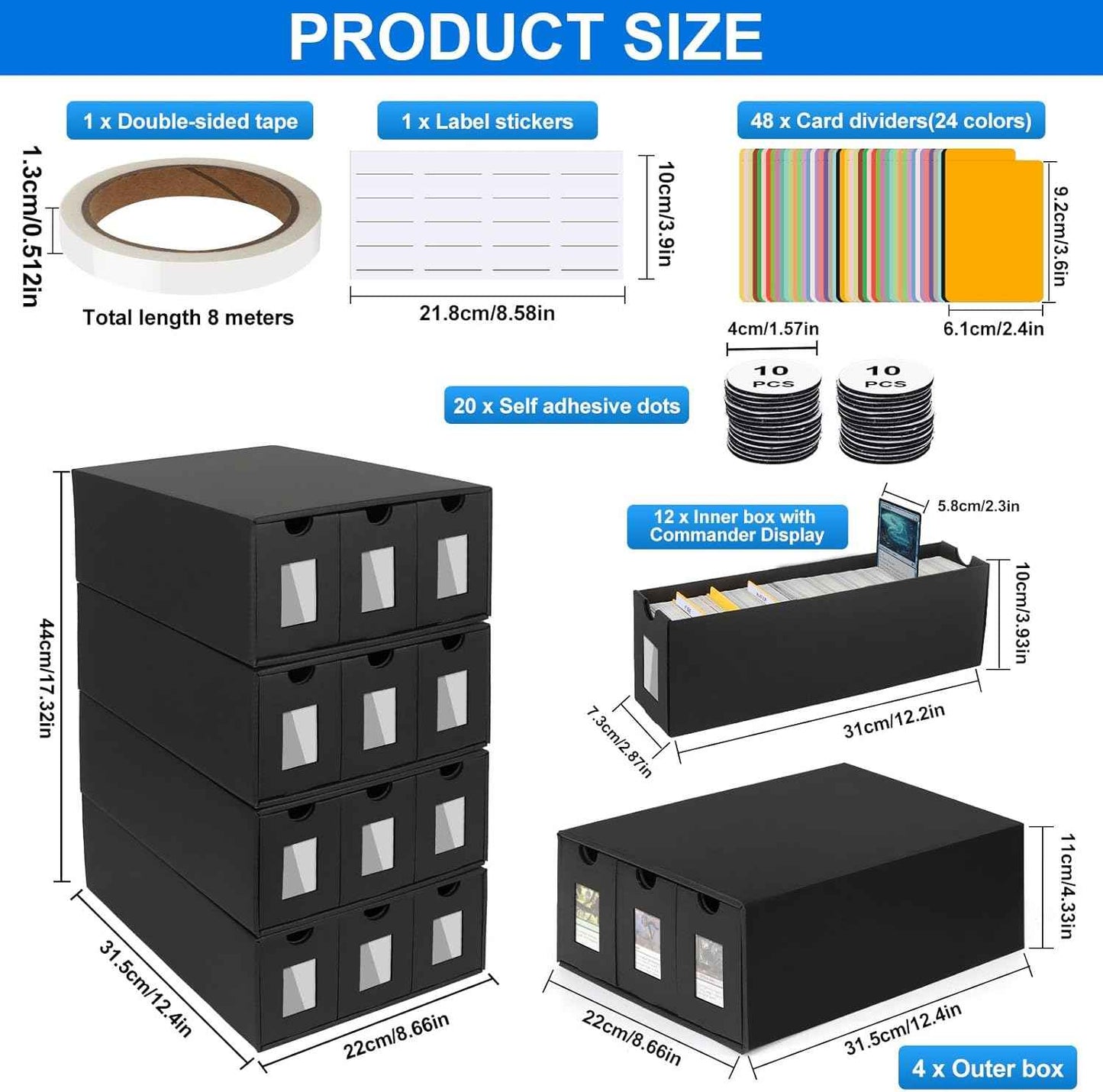 Trading Card Storage Box for 12000+, Card Deck Box for MTG Commander Display, Card Organizer Box with 48 Card Dividers, Labels & Tapes, Compatible with TCG, PTCG, MTG and Sport Cards