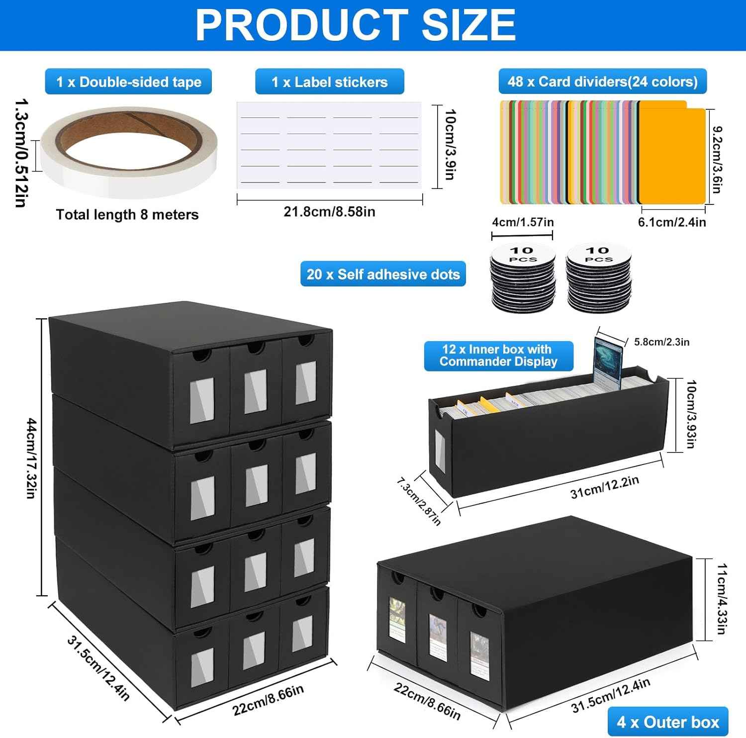 Trading Card Storage Box for 12000+, Card Deck Box for MTG Commander Display, Card Organizer Box with 48 Card Dividers, Labels & Tapes, Compatible with TCG, PTCG, MTG and Sport Cards