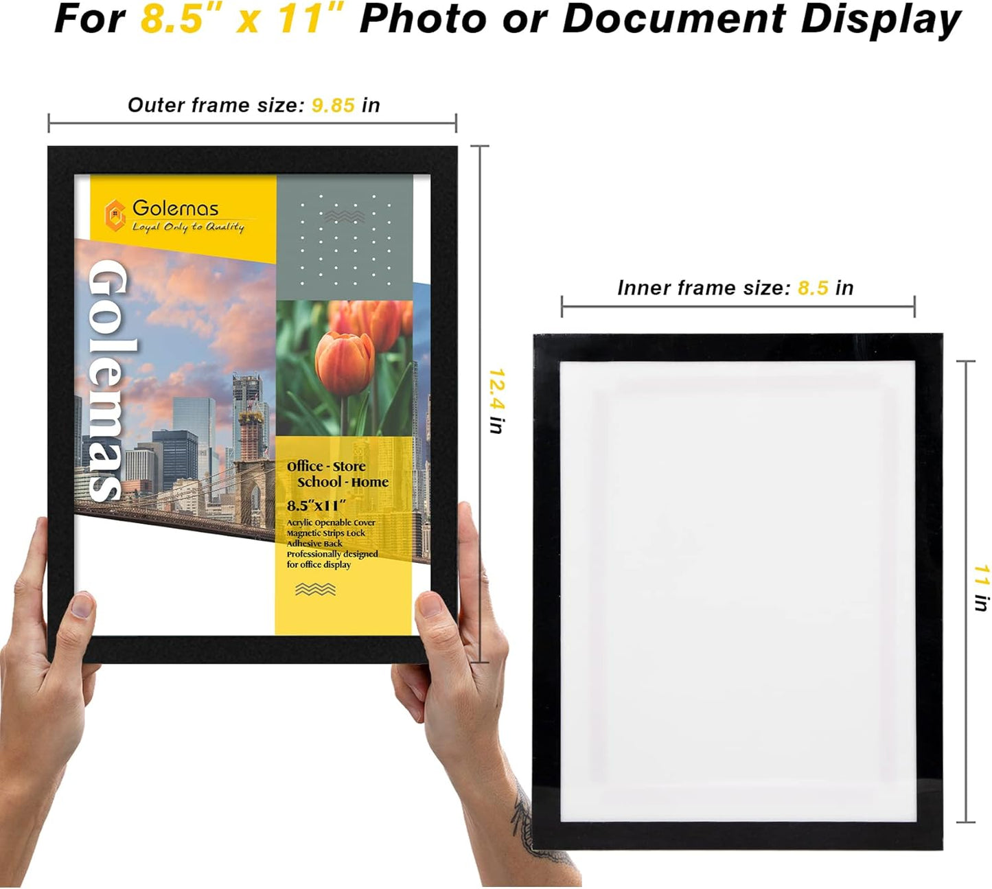 Acrylic Magnetic Sign Holder, Easy-Opening 8.5 x 11 Wall Mount Display Frames, Self Adhesive Back Plastic Clear Document Frame, Horizontal & Vertical Display (Black, 12Pack)