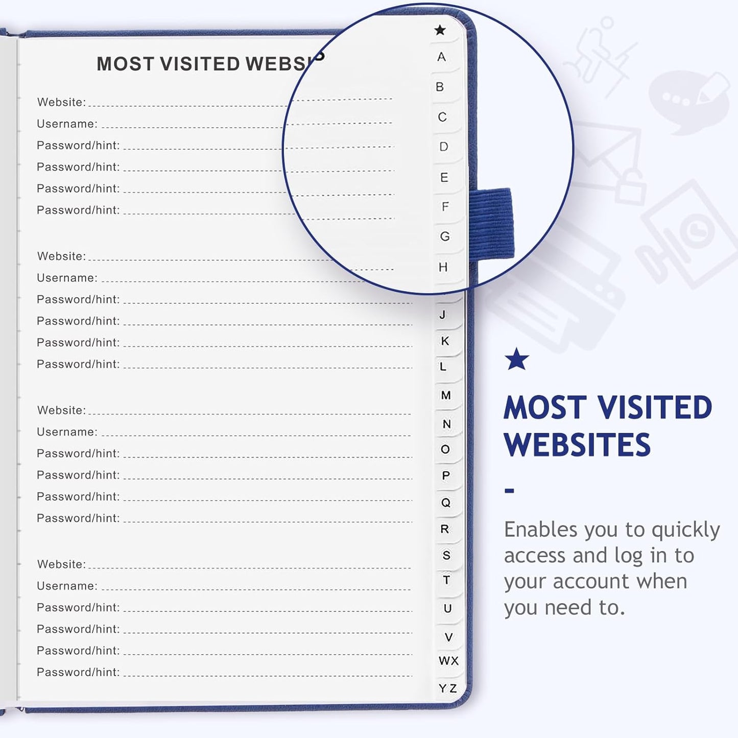 JUBTIC Password Book with Individual Alphabetical Tabs, 7"x10" Internet Password Keeper Book for Seniors, Password Notebook and Organizer/Notes Section, Navy Blue