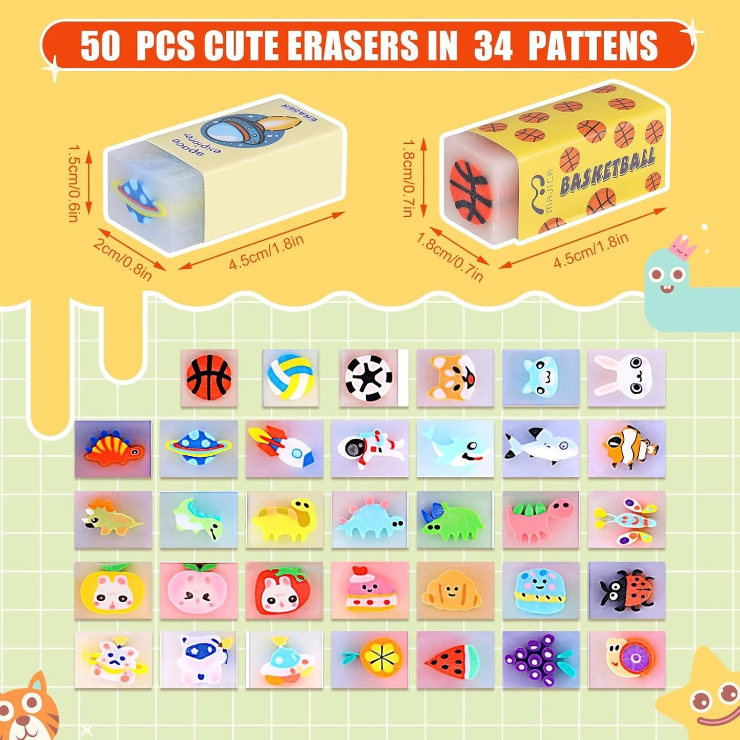 50 Pcs Cute Erasers for Kids Jelly Animal Fruit Dinosaur Space Pet Fun Pencil Erasers for Students Back to School Supplies Prize Gifts Party Favors