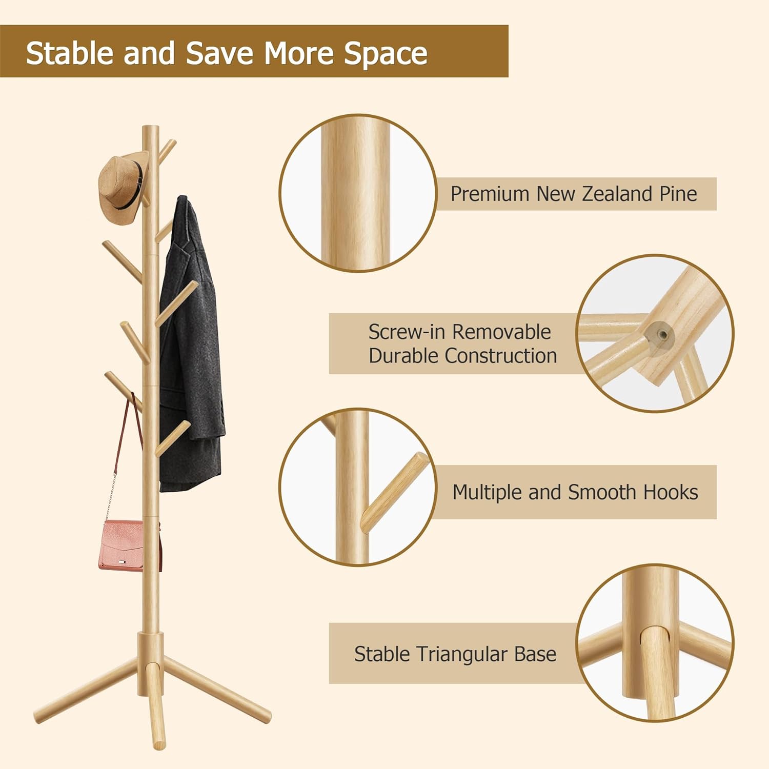 Wooden Coat Rack, Free Standing Coat Rack with 8 Hooks 3 Adjustable Heights for Clothes, Hats, Handbags, Coat Tree Easy Assembly for Entryway, Bedroom, Hallway, Office (New Nature) - Lumora Desk