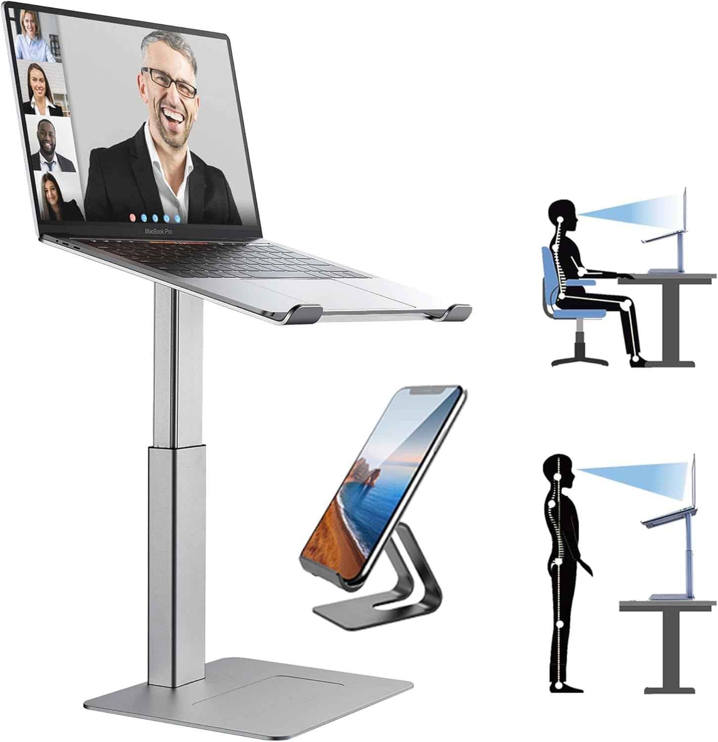 Laptop Stand for Desk, Ergonomic Sitting and Standing Laptop Riser for Notebook MacBook 11-17 Inches，DJ Laptop Stand Adjustable Height from 7-15 Inches Aluminum(Silver)