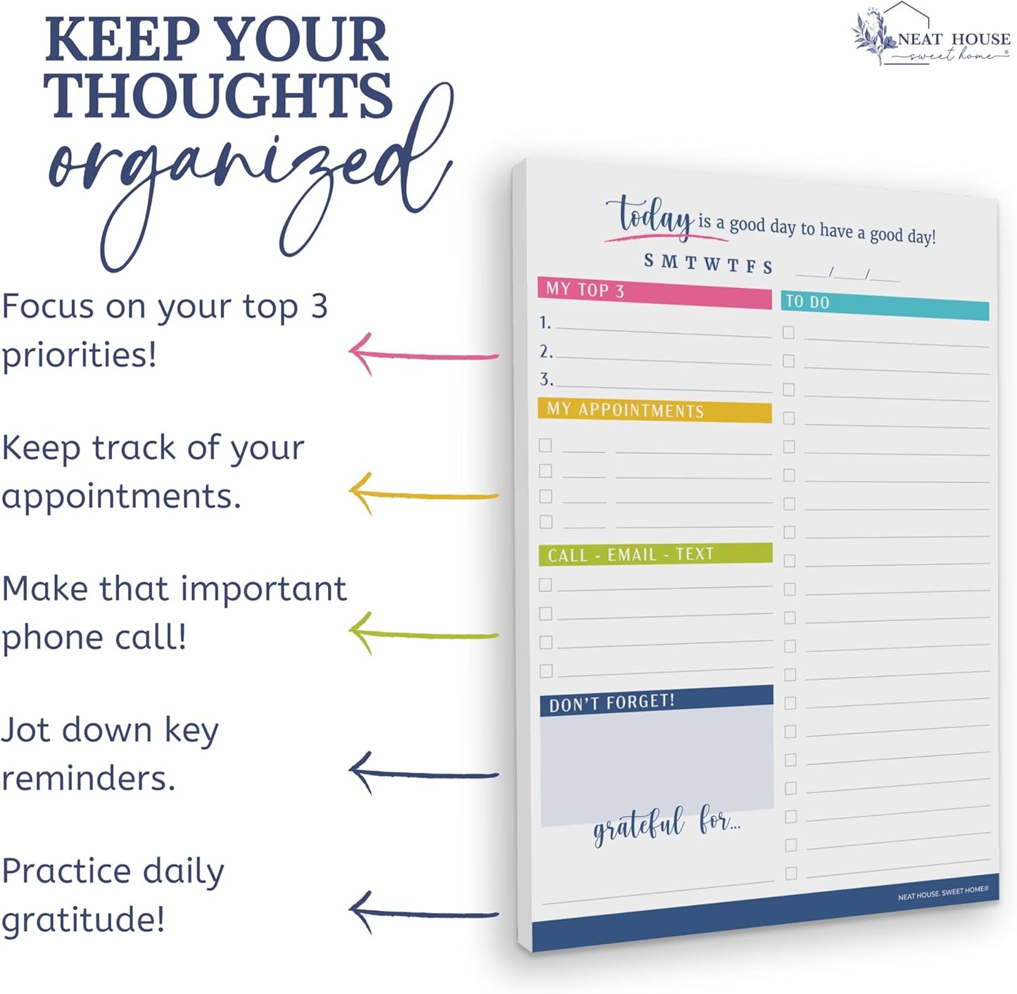 Neat House Sweet Home To Do List Notepad, Daily Planner Organizer for Work, Teacher Checklist, Student Organizer