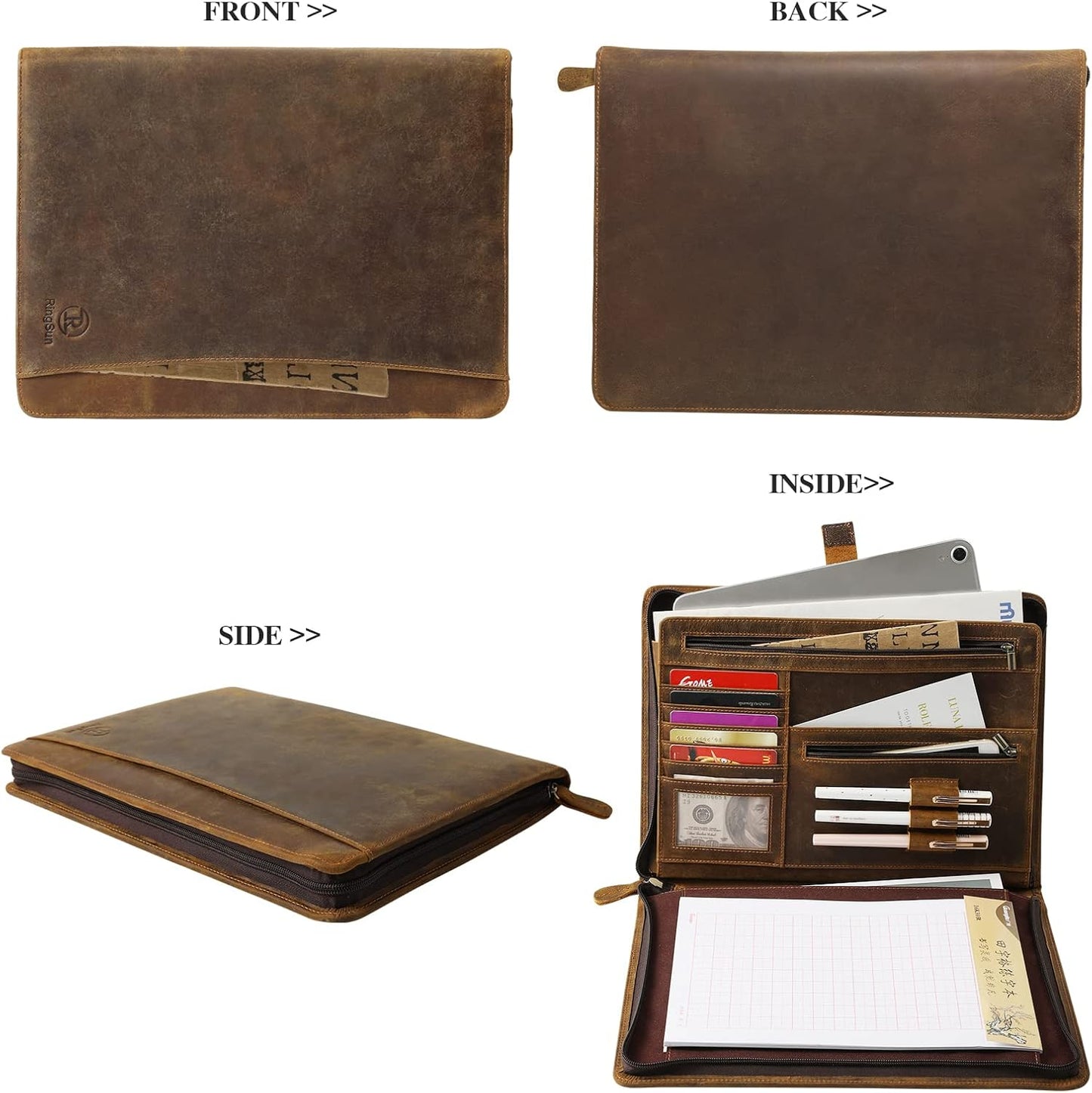 Ringsun Genuine Leather Portfolio with Zipper for Men Women, Padfolio Business Resume A4/Pad, Folder Organizer, Brown, RS01