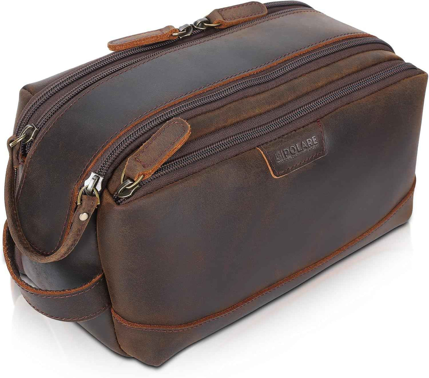 Polare Full Grain Leather Toiletry Bag for Men Large Travel Cosmetic Case Dopp Kit Shaving Kit Wash Pouch with YKK Zippers