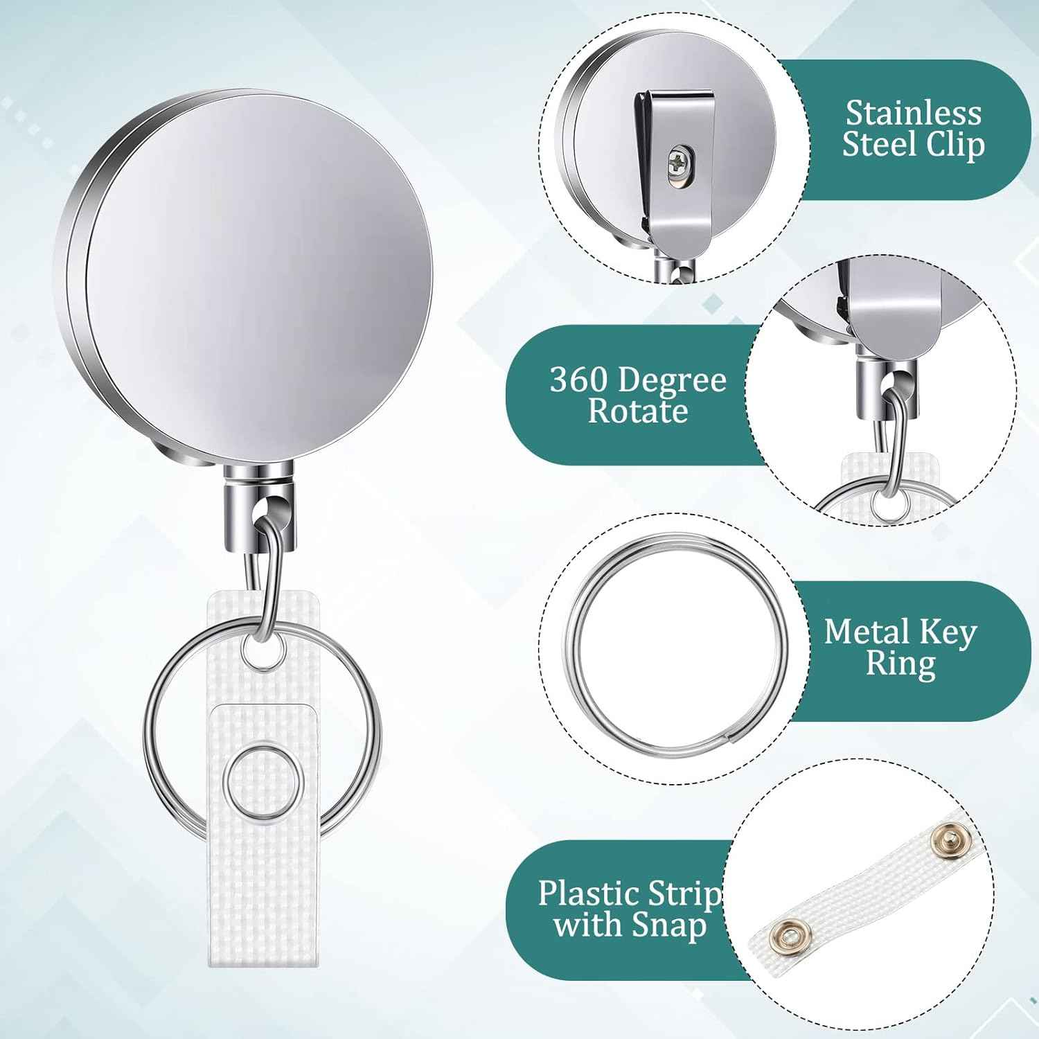 Leelosp 20 Pack Heavy Duty Retractable Badge Holder Reel Metal ID Badge Holder with Belt Clip Keyring Retractable Clip Bulk Card for Work Employee Doctor Nurse Gifts (Glossy Silver)