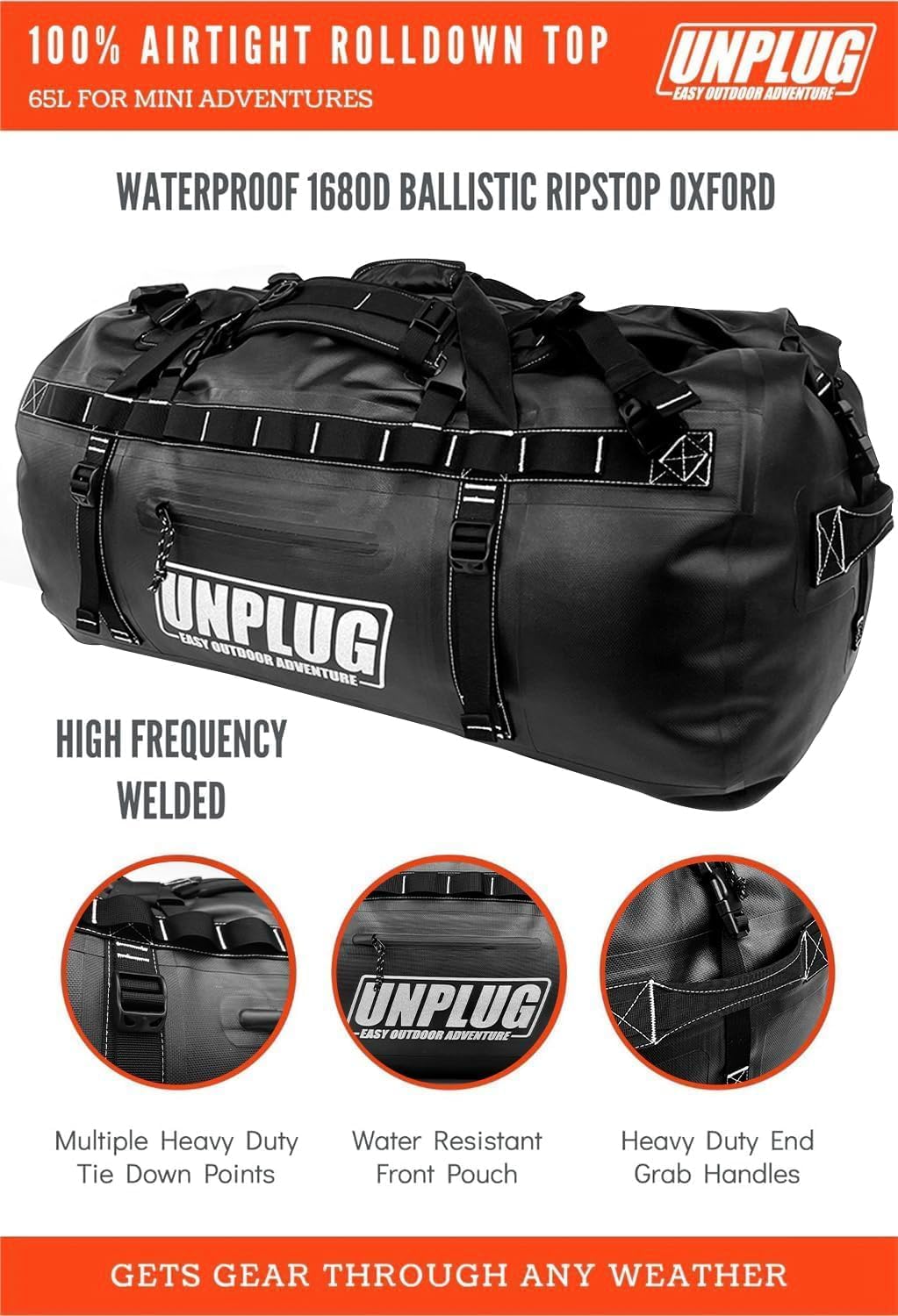 UNPLUG Ultimate Adventure Bag | 1680D Heavy Duty Waterproof Bag | Large Travel Duffle Bag which can be Used for Camping, Motorcycling, Boating, or Hunting