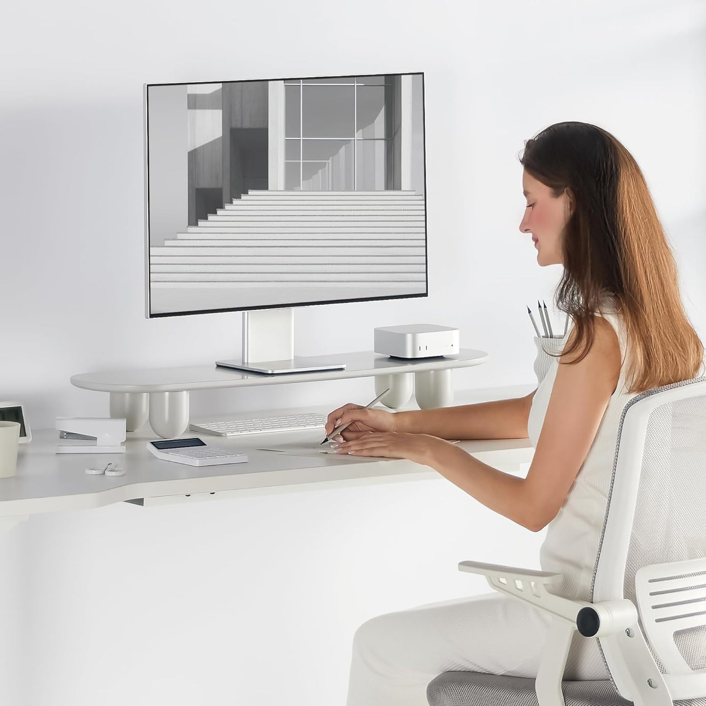 Fenge Monitor Stand Riser, 34 Inch Dual Monitor Riser for Large Monitors, Desk Organizer with Wooden Shelf & Solid Wood Legs, Computer Stand for Laptop, TV, PC, Printer, White