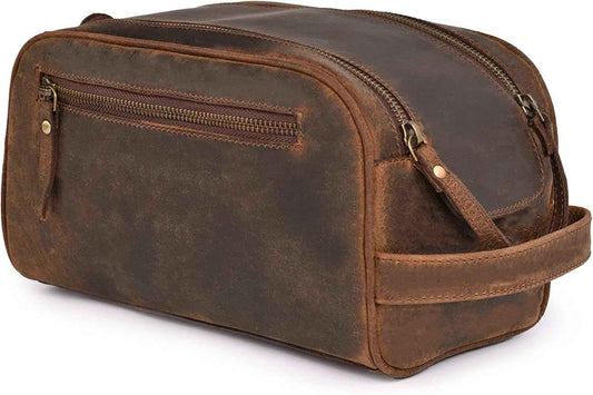 King-Size Premium Leather Toiletry Travel Pouch – Handcrafted Vintage Dopp Kit Bag with Waterproof Lining, Spacious Design for Travel Essentials - Brown