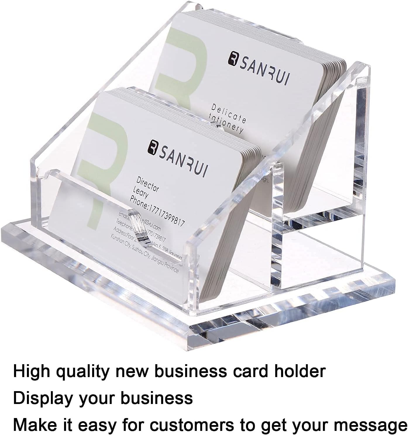 SANRUI Business Card Holder for Desk, Clear Acrylic Business Cards Holder, Business Card Holder Case, Business Card Display Stand, Multiple Business Card Holder for Table-2 Slots 2 Tiers