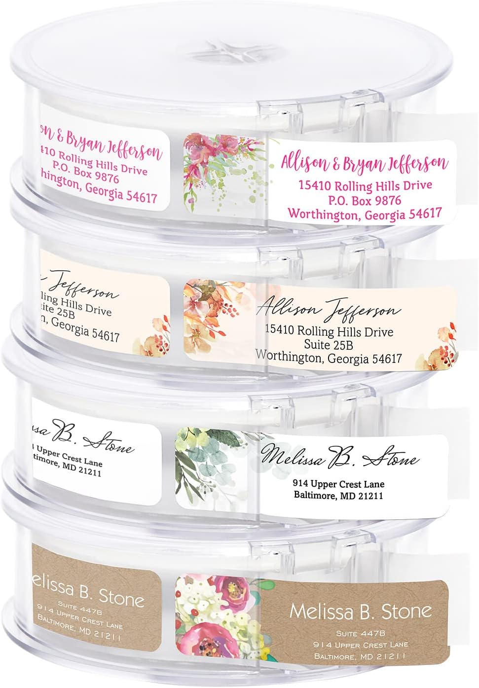 Bright Watercolor Floral Rolled Address Labels / 5 Vibrant Flower Bouquet Designs/Roll of 500 Personalized Address Labels/Designer Return Address Stickers in Elegant Plastic Dispenser - Lumora Desk