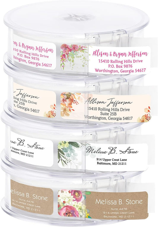 Kraft Faux Look Floral Rolled Address Labels/Roll of 500 Personalized Address Labels/Designer Return Address Stickers in Elegant Plastic Dispenser - Lumora Desk