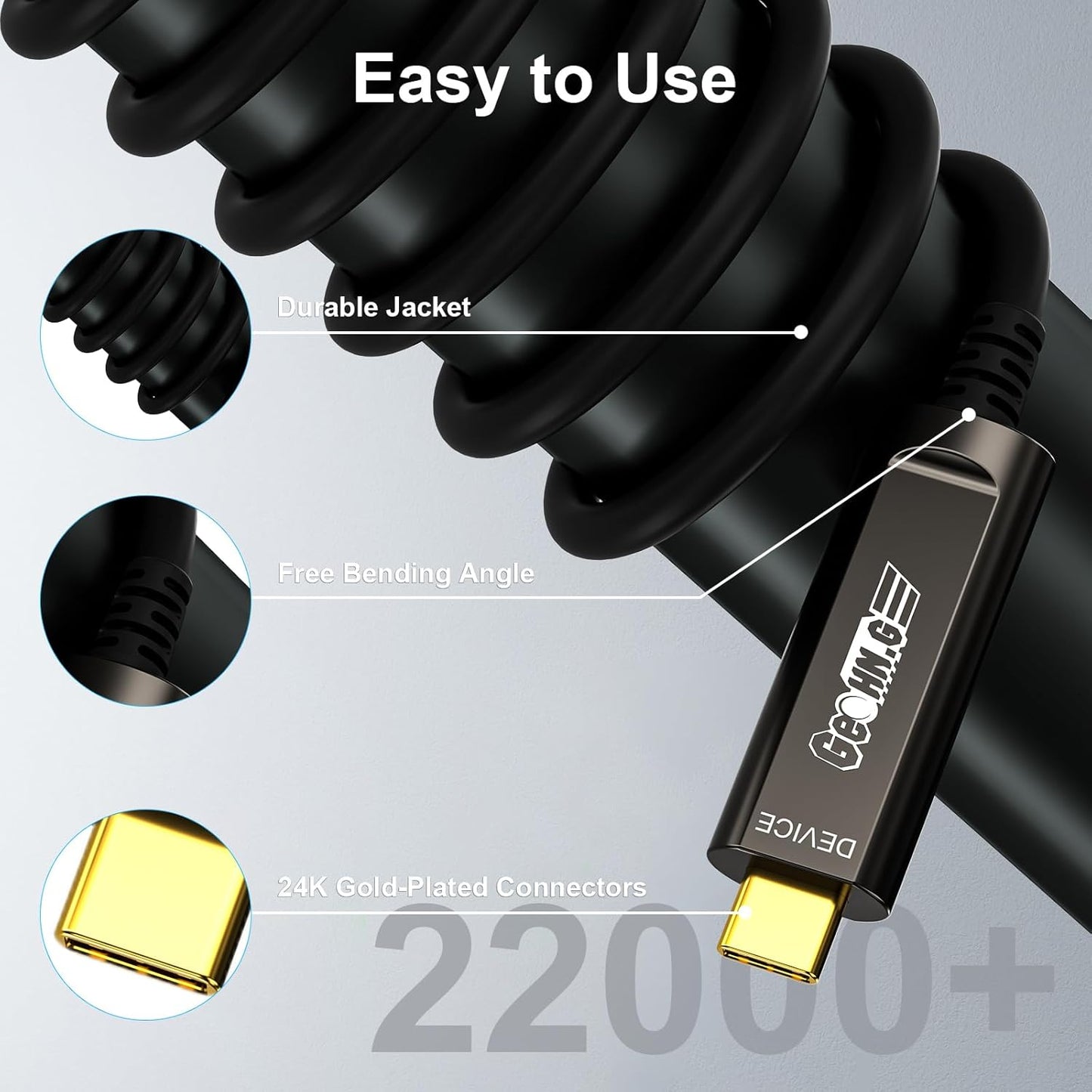 GeoHN.G USB C to C Fiber Optic Cable 20M/65FT, USB 3.2 10Gbps Long Distance Data Transfer USB C Extension Cable for VR, Camera, Mini PC, Laptop, Webcam, Printer and More