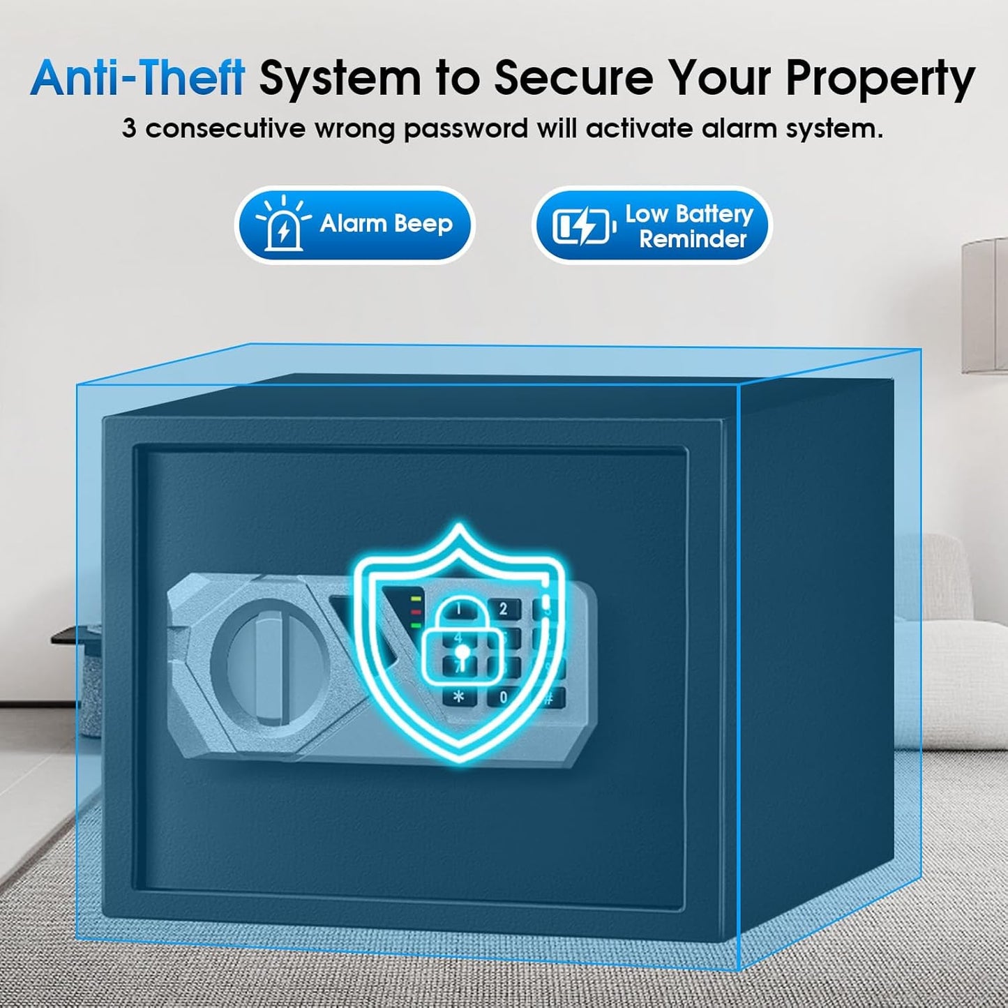 1.3 Cu Ft Small Fireproof Home Safe Box - External Type-C Backup, Steel Security Combination Key Lock Box with Removable Shelf, Safety Box for Document Jewelry Money