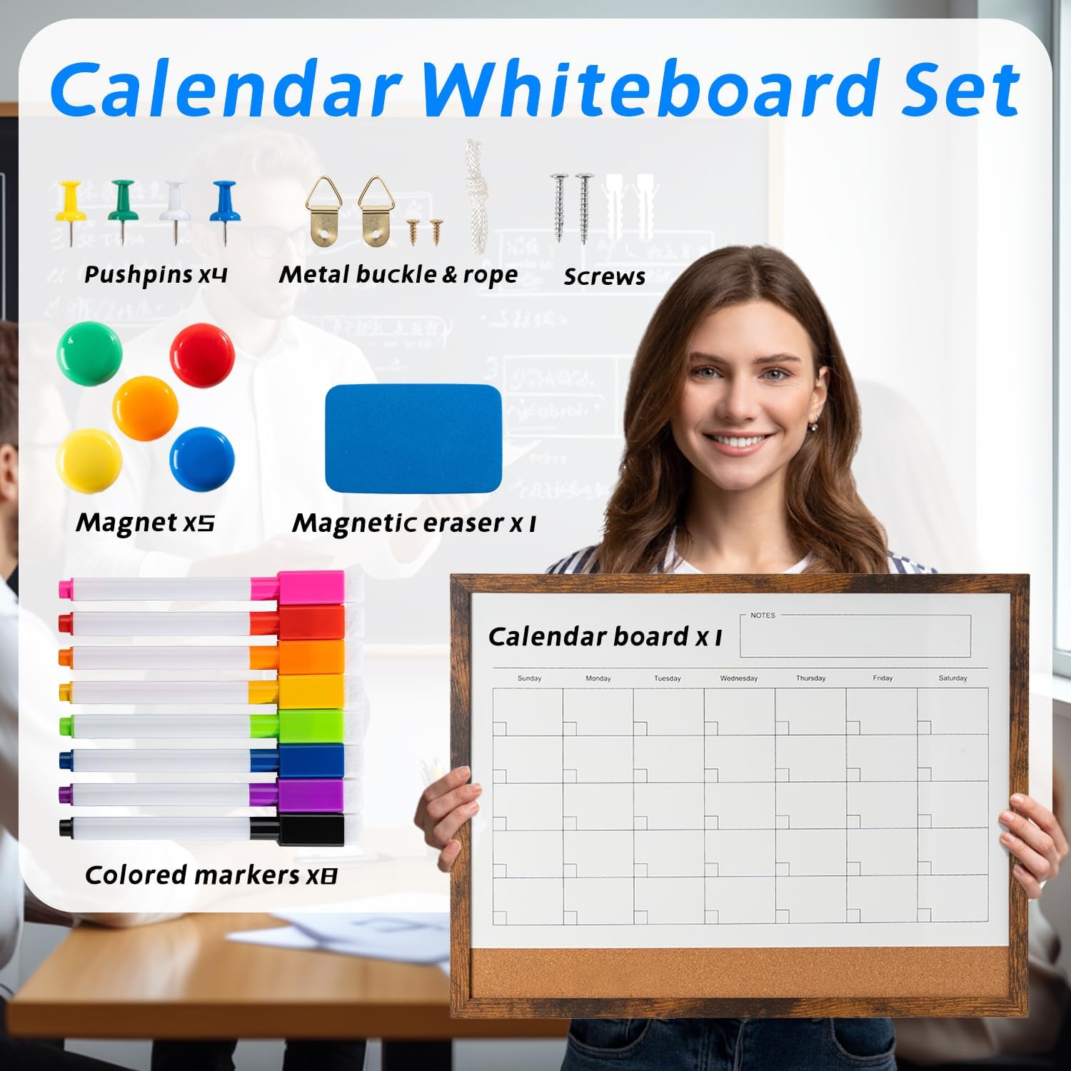 Dry Erase Calendar Whiteboard, 17" x 13" Magnetic Whiteboard Cork Board Combo, Reusable Monthly Planner with 8 Markers, Eraser, Magnets and Pushpins, Hanging Dry Erase Board for Home, School - Brown - Lumora Desk