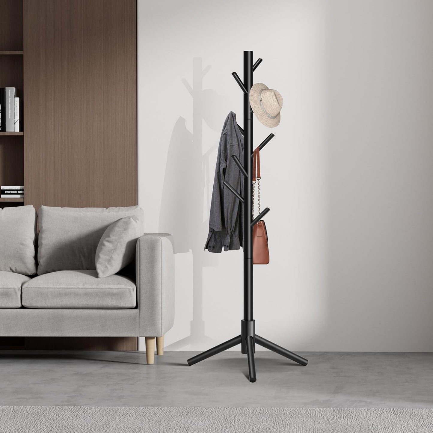 Wooden Coat Rack, Free Standing Coat Rack with 8 Hooks 3 Adjustable Heights for Clothes, Hats, Handbags, Coat Tree Easy Assembly for Entryway, Bedroom, Hallway, Office (New Black) - Lumora Desk