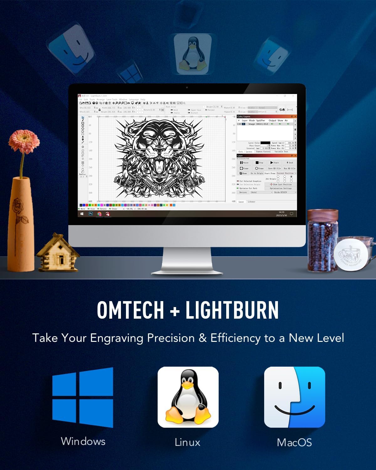 OMTech 90W CO2 Laser Engraver with LightBurn and Water Chiller, 20"x28" Laser Engraving Cutting Machine with Autofocus Autolift 4 Way Pass Air Assist, Commercial Laser Cutter