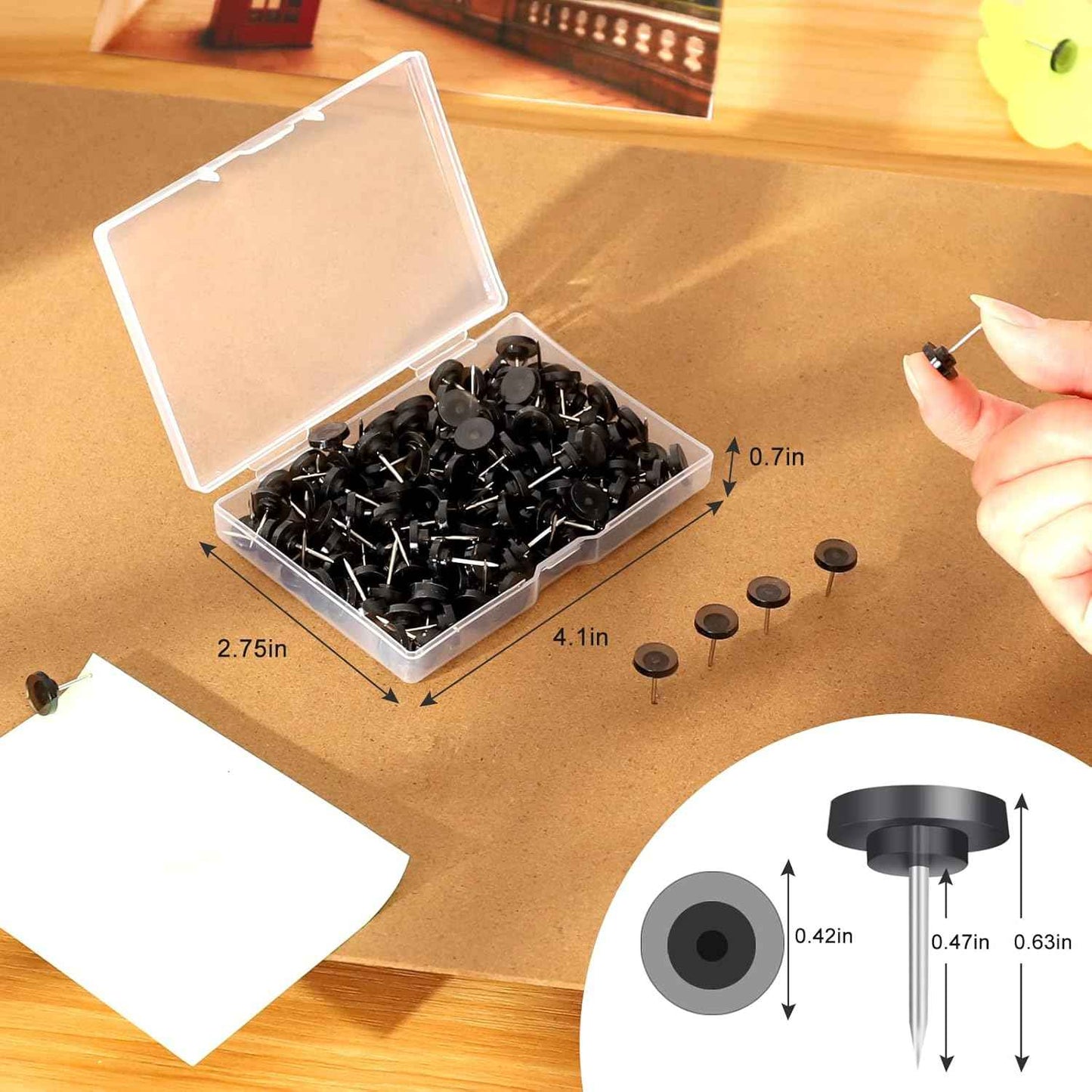 150 PCS Push Pins, Standard Plastic Head Steel Point Black Thumb Tacks for Wall, Plastic Round Head for Bulletin Boards, Fabric Markers, Crafts and Office Organization (Black)