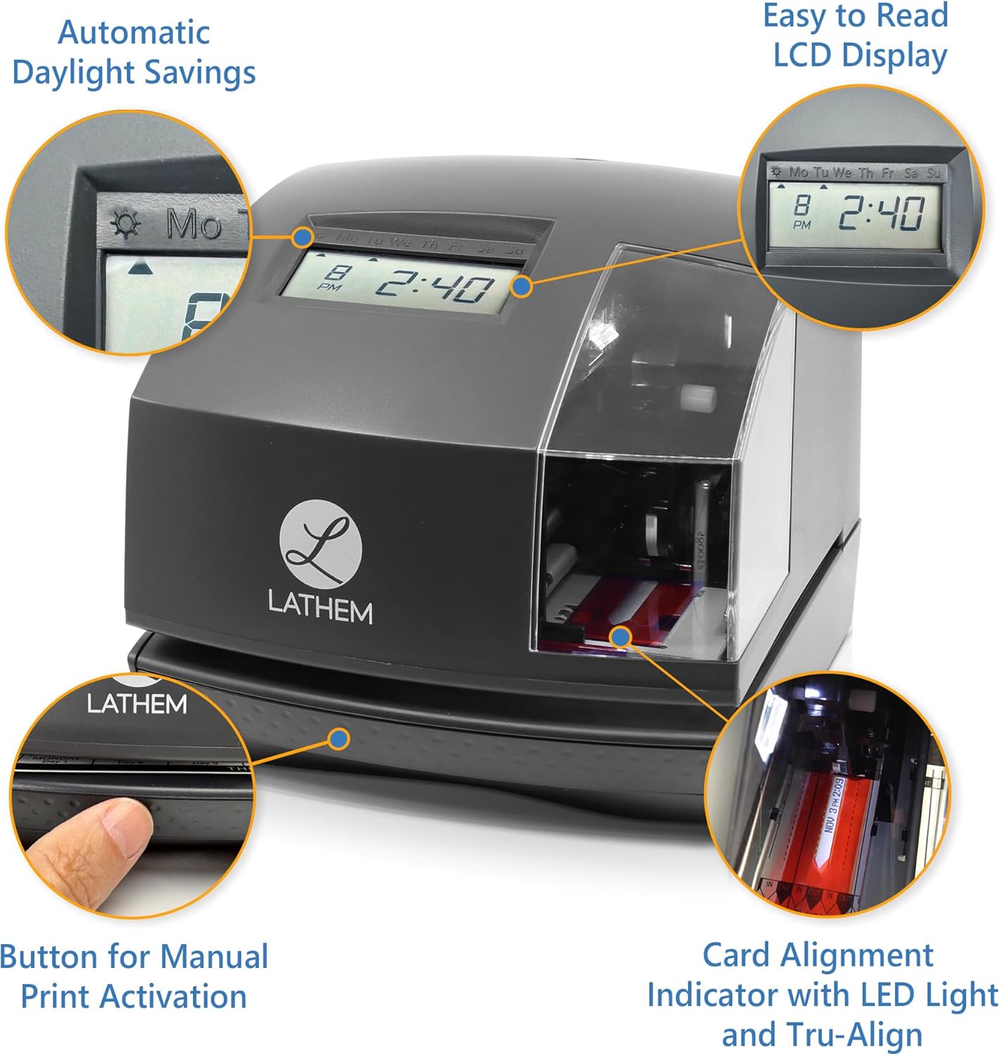 Lathem 1600e Time Clock Punch Machine & Document Stamp, Time Keeping System with Tru-Align Cards (5.7 X 6.3 X 7.2 Charcoal Gray)