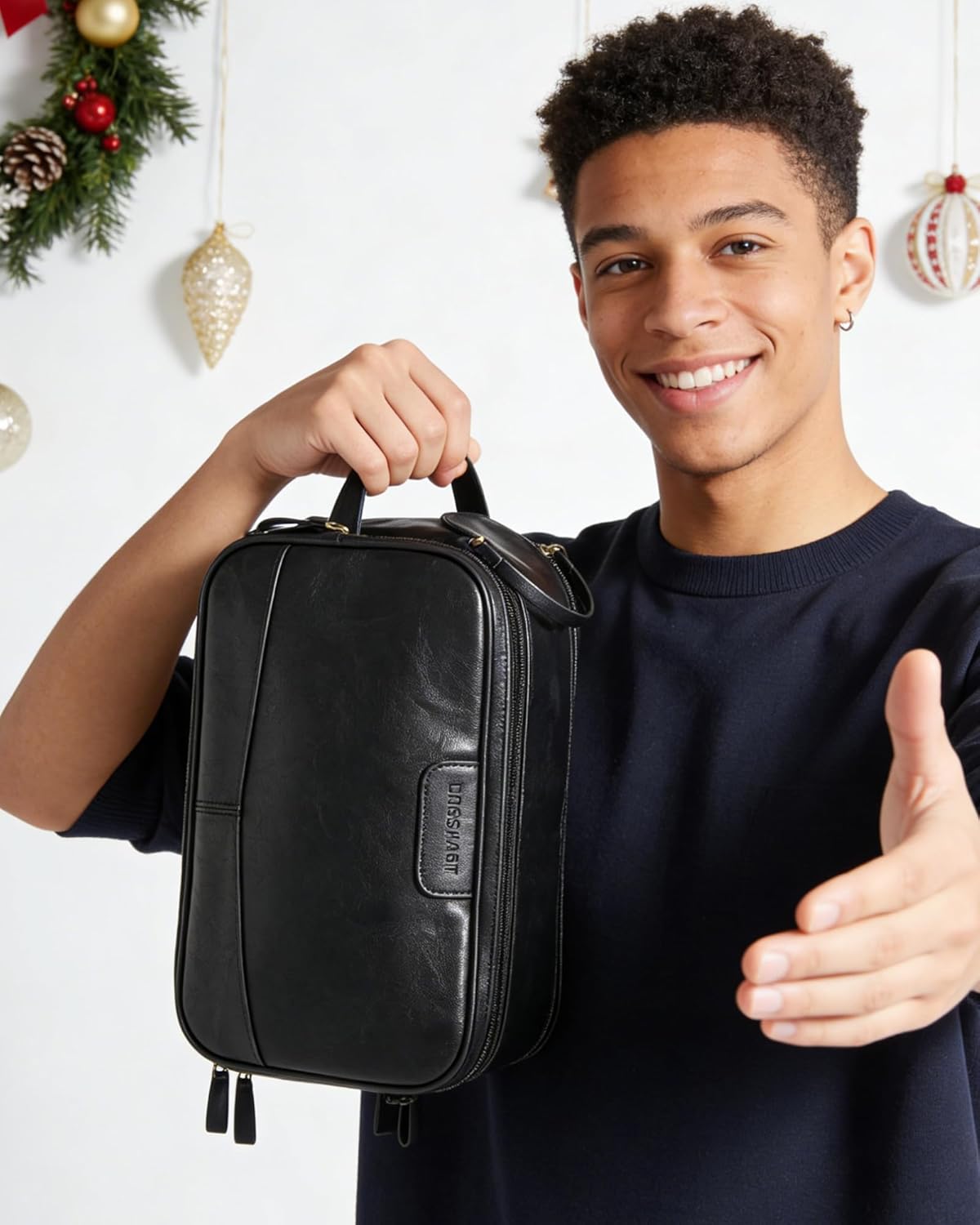 BAGSMART Large Toiletry Bag for Men, High-gloss PU Leather Travel Bag for Toiletries, Dopp Kit Water Resistant Shaving Bag for Bathroom Shower-Black