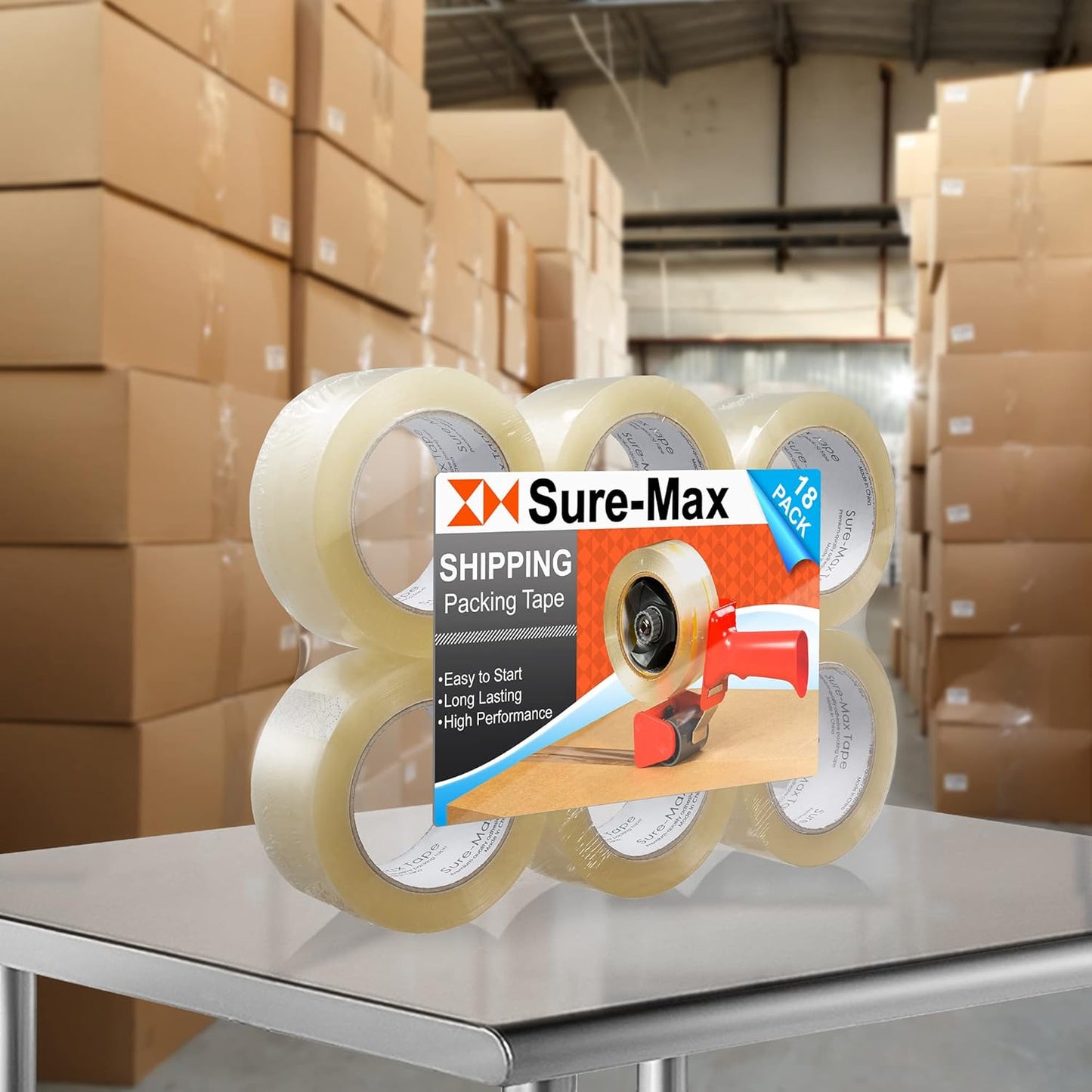 Sure-Max Premium Carton Packing Tape 2.0 mil 330 Feet (110 Yards) - Clear - 18 Rolls