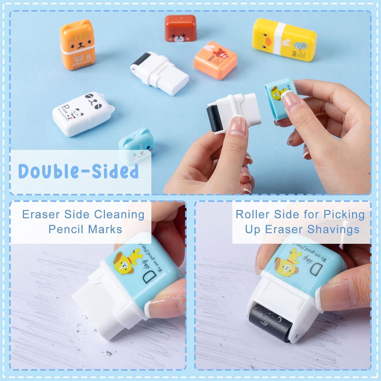 Seajan 44 Pcs Erasers for Kids Gift Bulk Cute Animal Themed Pencil Eraser with Clean up Roller for School Party Christmas Favors(Classic)