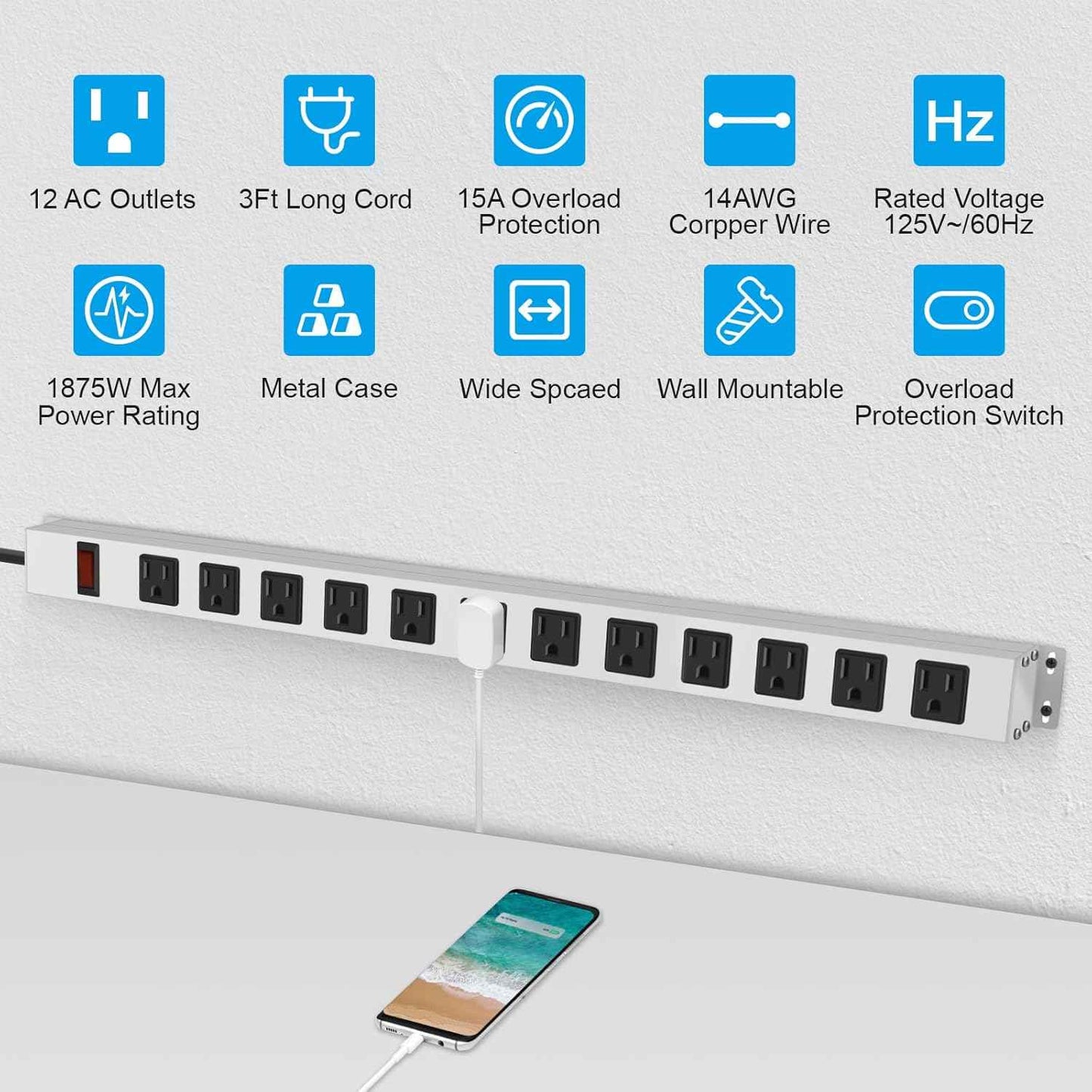 JUNNUJ Metal 12 Outlet Power Strip, Mountable Heavy Duty Power Strip, 1200J Surge Protector Wall Mount Screws Outlet with Switch, Gaming Desk Strips Wide Spaced 15A 125V 1875W, 3 FT 14AWG Power Cord