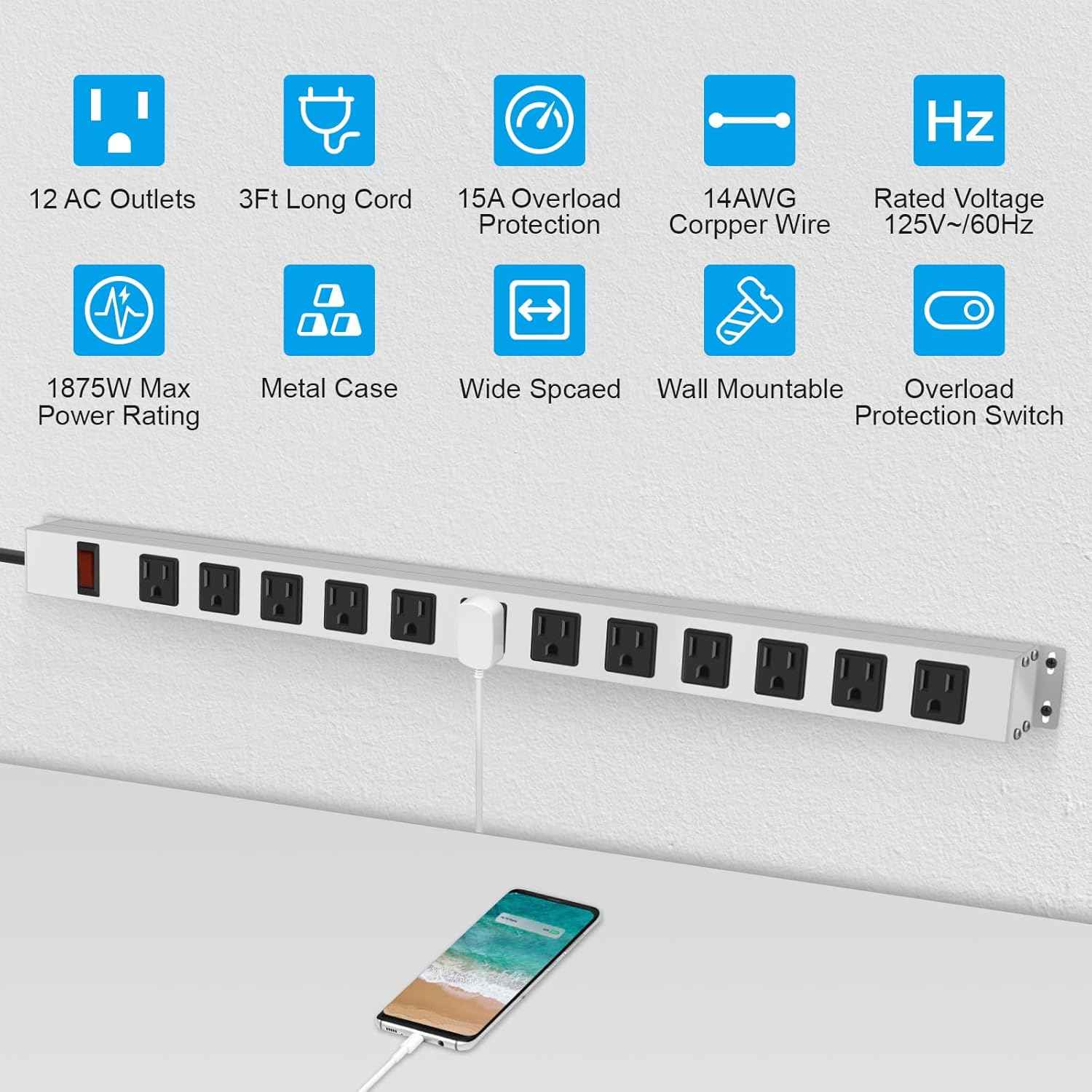 JUNNUJ Metal 12 Outlet Power Strip, Mountable Heavy Duty Power Strip, 1200J Surge Protector Wall Mount Screws Outlet with Switch, Gaming Desk Strips Wide Spaced 15A 125V 1875W, 3 FT 14AWG Power Cord