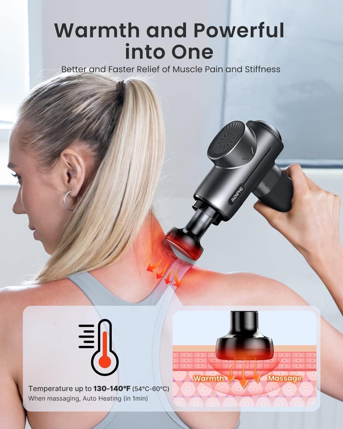 RENPHO Massage Gun with Heat, Portable Percussion Massager with Bluetooth for Back and Neck, Gifts for Men and Women, Carry Case, Active+ Thermal