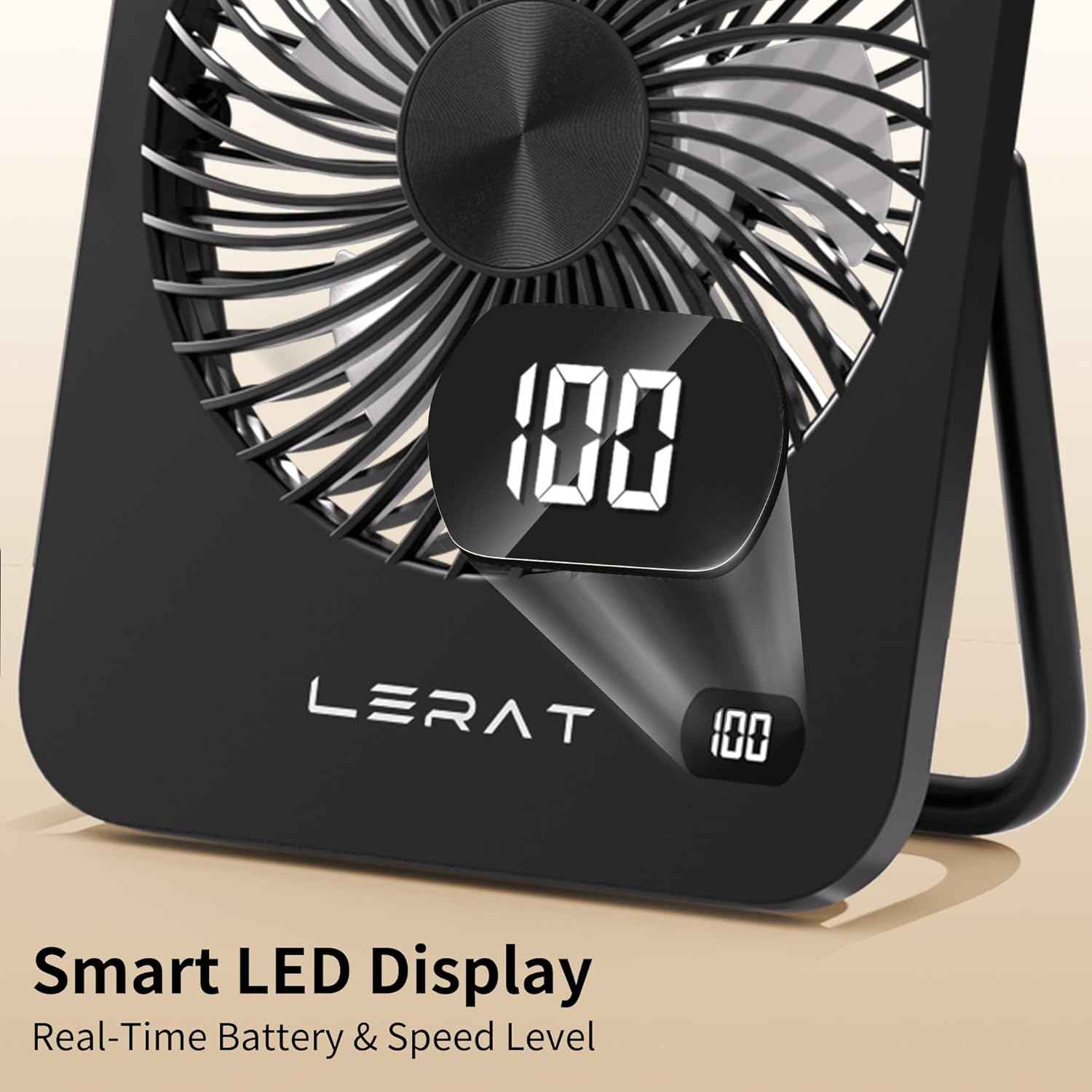 Lerat Portable Desk Fan, Small USB Rechargeable Fan with LED Display, 5-Speed Ultra-Quiet 180° Foldable Mini Fan for Summer Cruise Travel, Cooling Gifts for Women Girls Kids (Black)