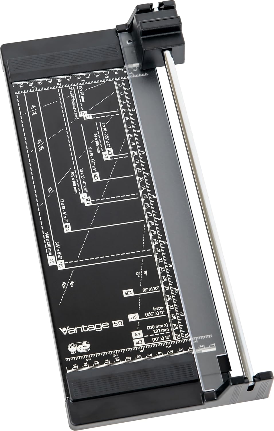 Dahle Vantage 50 Rotary Trimmer, 12" Cut Length, 5 Sheet Capacity, Self-Sharpening, Automatic Clamp, German Engineered Paper Cutter