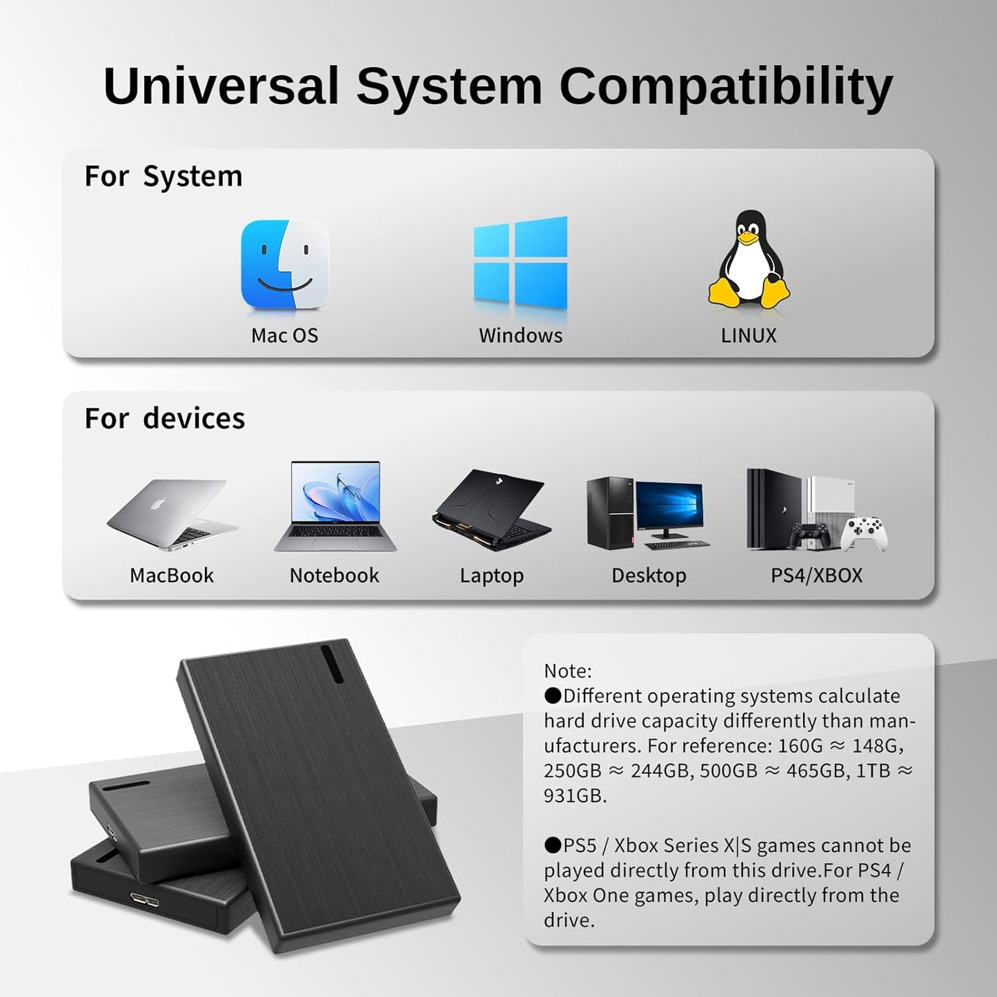 160GB External Hard Drive HDD Portable – USB 3.0 & Type-C Storage for PC, Mac, Desktop, Laptop, Xbox, PS4, PS5 – Backup Drive for Photos, Movies, Music, Games – Plug & Play, High Speed Data Transfer