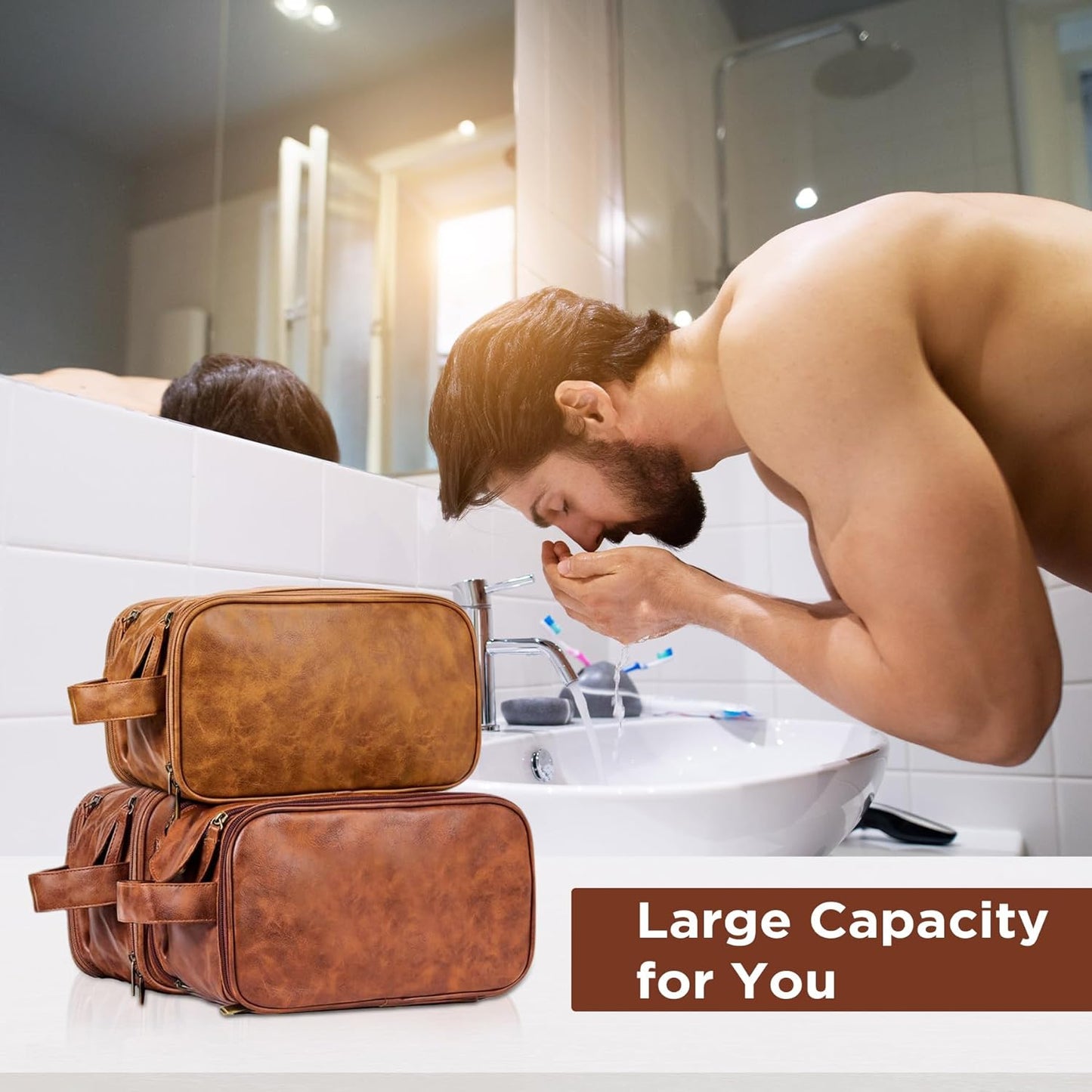 Travel Toiletry Bag for Men, Double Layer Handle, Water Resistant PU Leather Kit, Fathers Day Christmas Thanksgiving Groomsmen Wedding Gift (Yellowish Brown)