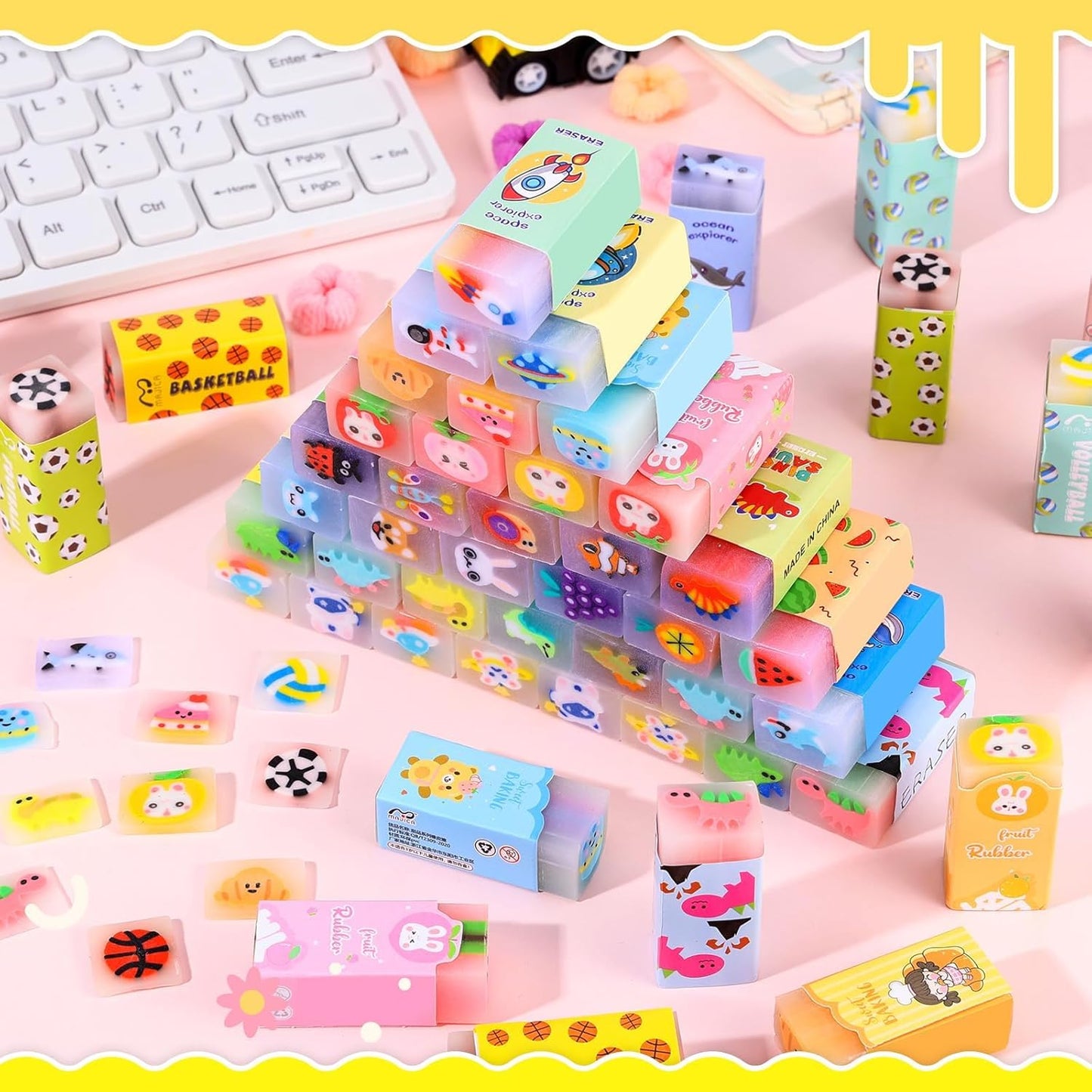 50 Pcs Cute Erasers for Kids Jelly Animal Fruit Dinosaur Space Pet Fun Pencil Erasers for Students Back to School Supplies Prize Gifts Party Favors