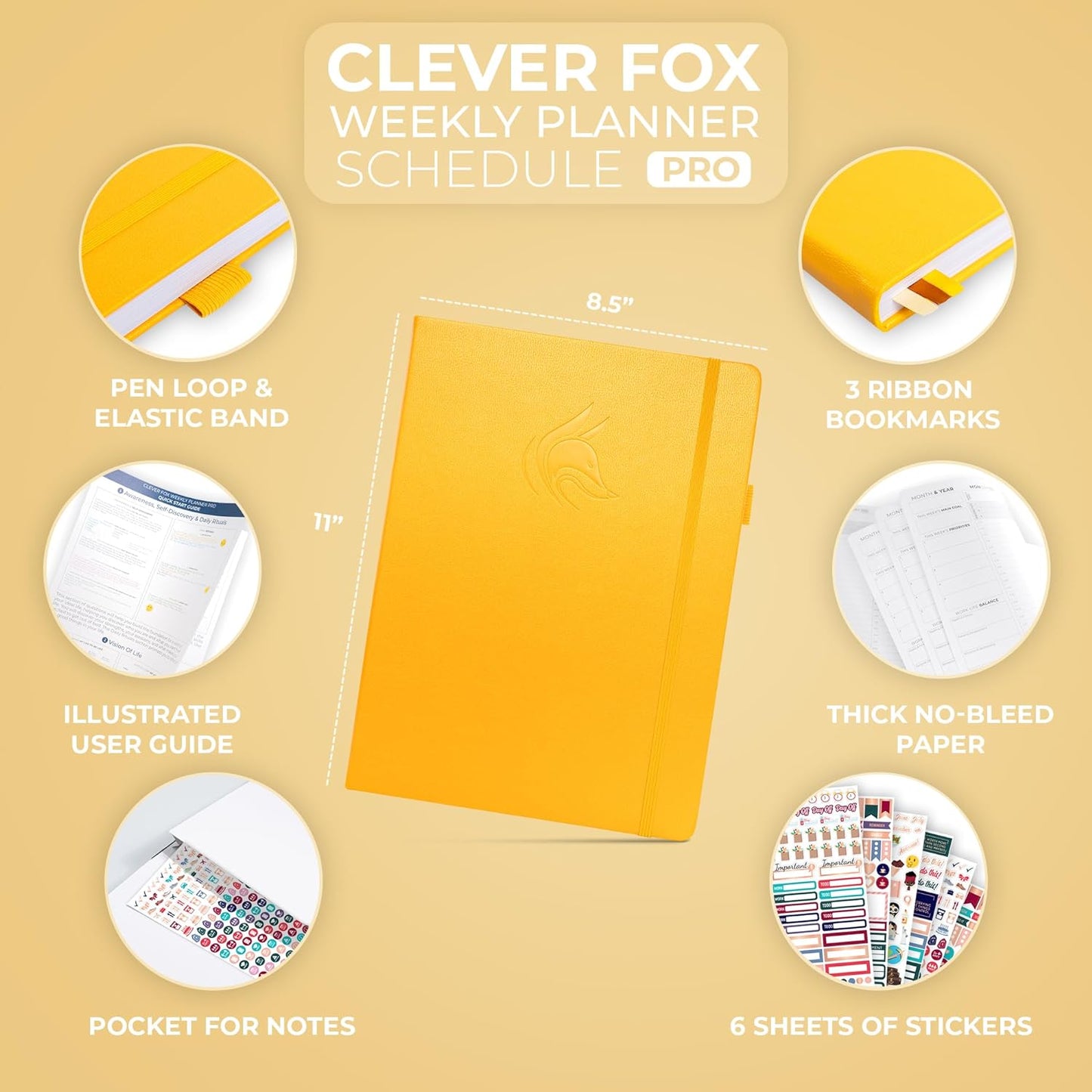 Clever Fox Planner PRO Schedule – Undated Weekly & Monthly Life Planner with Time Slots, Appointment Book & Daily Organizer, A4 (Amber Yellow)