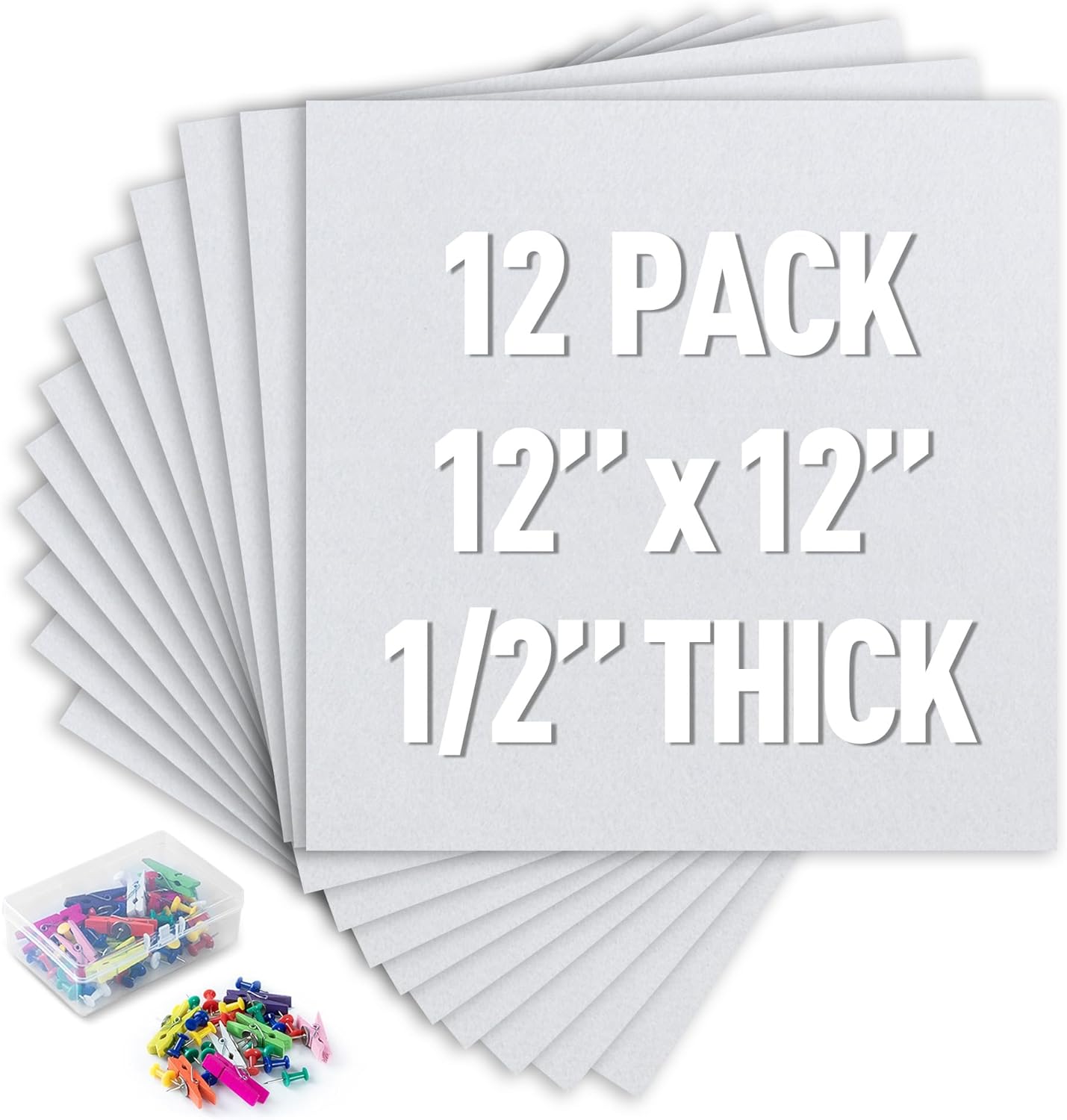 AKTOP White Cork Bulletin Board 12x12, 1/2" Thick Felt Cork Board Tiles 12 Pack, Small Square Pin Board for Wall, Self Adhesive Corkboards with 120 Push Pin Wood Clips for School, Home & Office - Lumora Desk