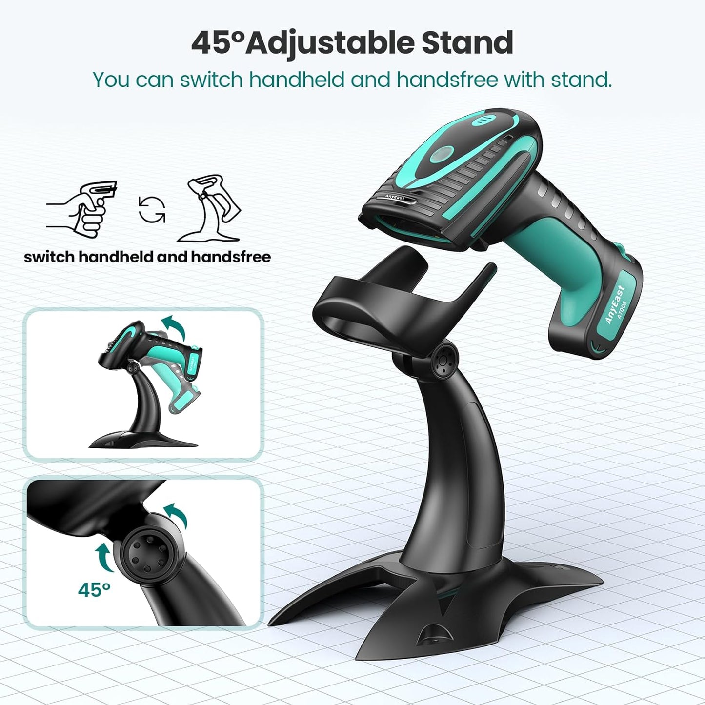 Wireless Barcode Scanner with Stand, Industrial 1D 2D QR Bluetooth Barcode Scanner for Android, iOS, Windows, Mac, USB Bar Code Reader Scanner with Drop Resistant Dustproof Waterproof