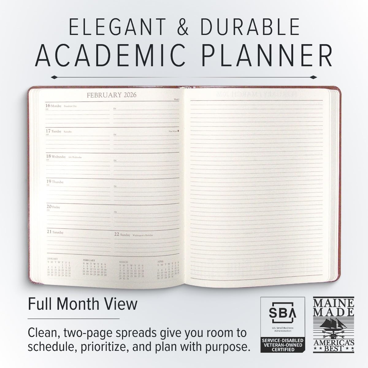 Gallery Leather Academic Planner 2025-2026, Teacher and Student Weekly Monthly Planner, Elegantly Bound Calendar with Gold-Gilded Page Edges, 18 Months - Acadia Malibu - 9x7"