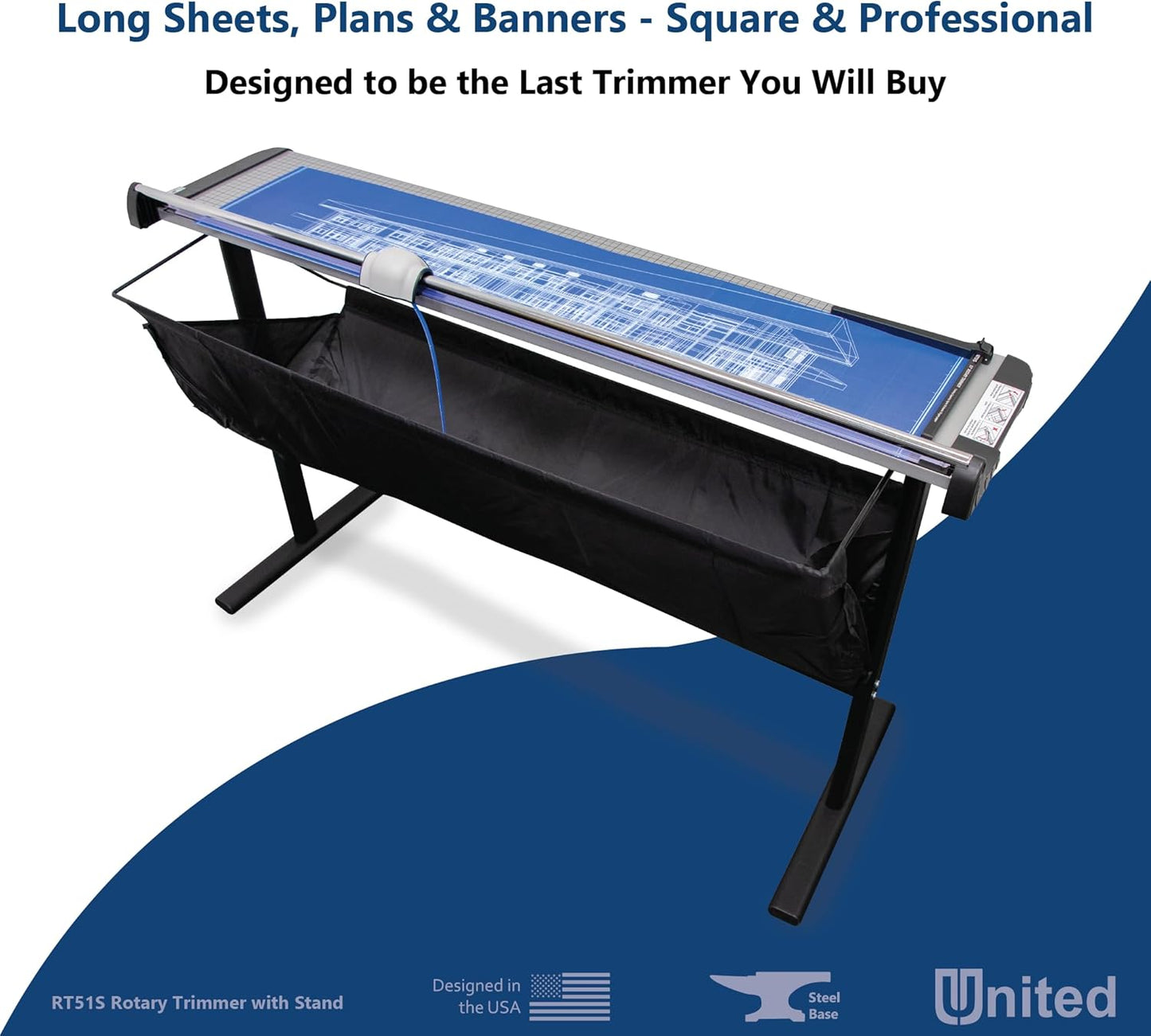 United Office Products RT51S Commercial Rotary Paper Trimmer with Stand and Fabric Catch Tray, Sturdy Metal Base, 51" Cut Length, 10 Sheet Capacity, Paper Cutter for Offices, Schools and Crafts