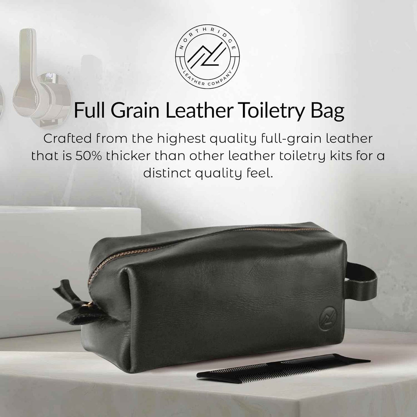 Premium Leather Toiletry Bag For Men - Travel Bag, Shaving Kit Bag & Toiletry Organizer - Full Grain Leather (Single Zip, Brown)