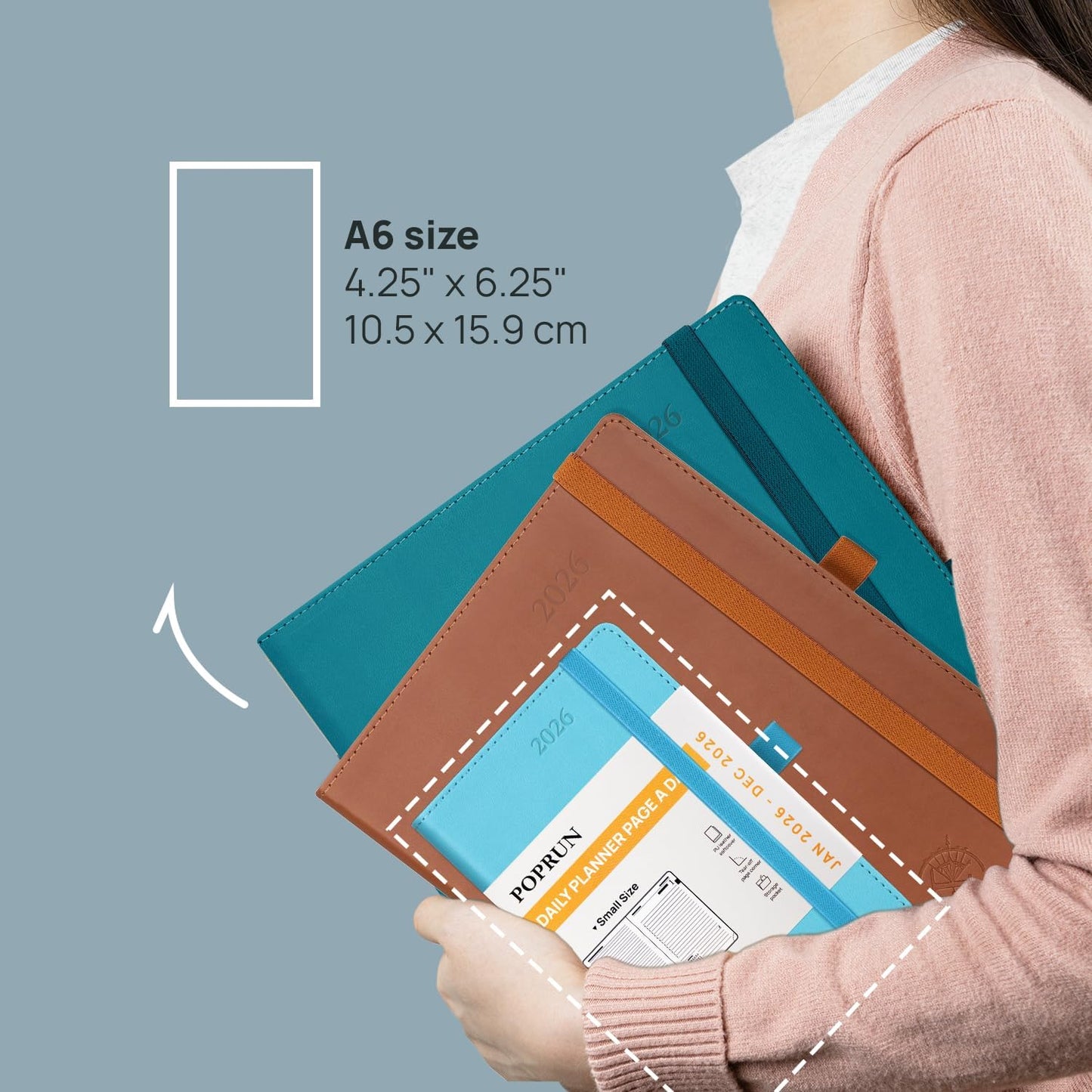 POPRUN Daily Planner 2026 (Jan - Dec), (Purse Size-4.25" x 6.25") 2026 Daily Calendar with One Page Per Day Even Weekends, Hourly Appointment Book with Pocket, PU Leather Softcover - Purple