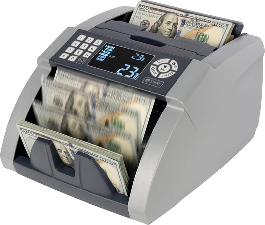 Perco Bill Counter and Counterfeit Detector Machine – Money Counter Machine with UV/MG1/MG2/IR, Voice Alerts, Keypad, Add & Batch Modes, Volume Control, Multi-Currency (USD/EUR/INR), LCD Display