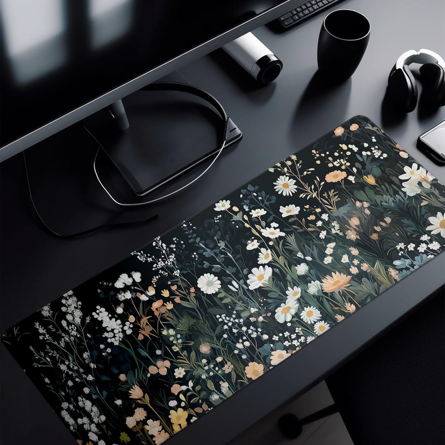 Flower Mouse Pad Abstract Black Mouse Pad 31.5x11.8 Inch Floral Texture Non-Slip Rubber Base Large Weeds Mousepad Stitched Edges Keyboard Mouse Mat Desk Pad for Office and Home