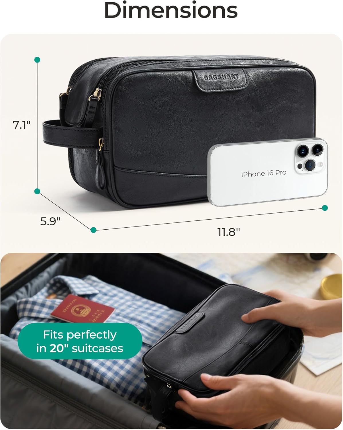 BAGSMART Large Toiletry Bag for Men, High-gloss PU Leather Travel Bag for Toiletries, Dopp Kit Water Resistant Shaving Bag for Bathroom Shower-Black