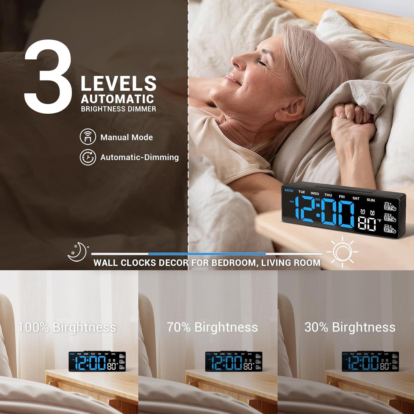 7" Digital Clock - Large LED Display with 3 Medication Reminders, Modern Tabletop Day Calendar Clock with Temperature for Seniors, Desktop Decor for Bedroom Office Home Blue