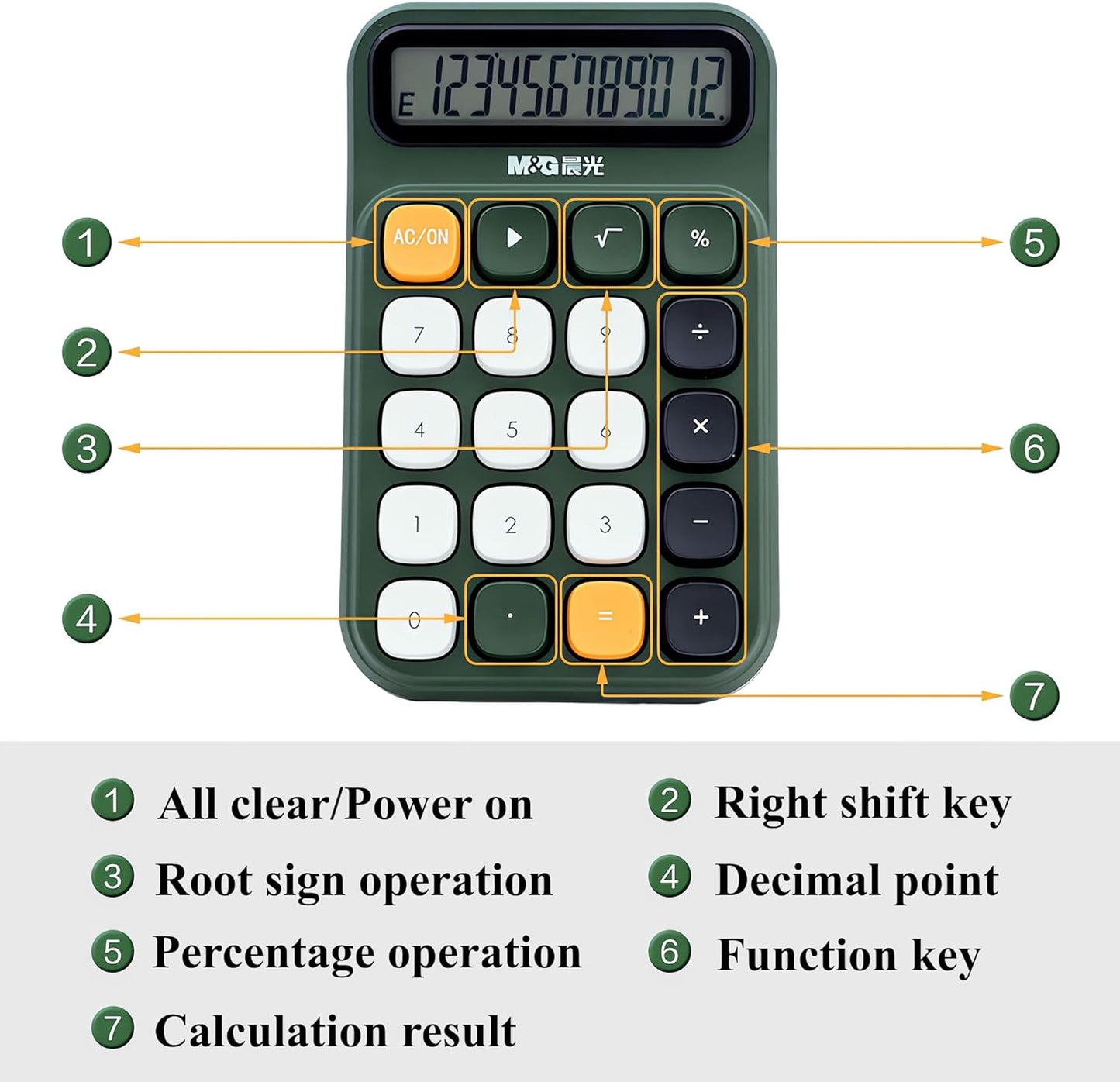 M&G Mechanical Switch Calculator, 12 Digits, Large LCD Display and Big Buttons, Cute Green Desktop Calculator for Office, Home, School (Battery Included)