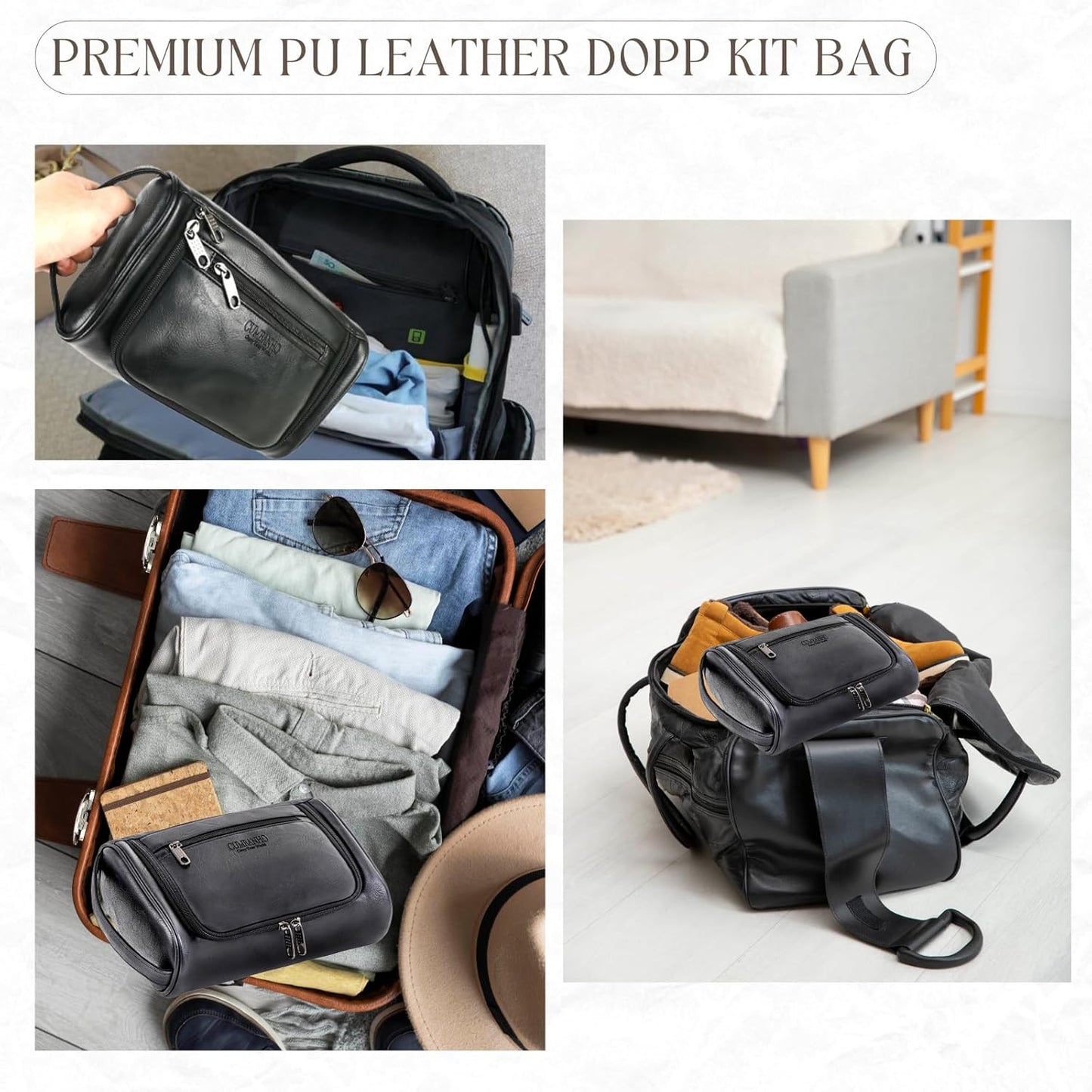 Mens Toiletry Bag,Compact Dopp Kit for Men Travel, PU Leather Shaving Kit, Water-Resistant Minimalist Organizer with Wrist Strap,Travel Toiletry Bag, Gift for Men,Large 10x6.5x4"Classic Black