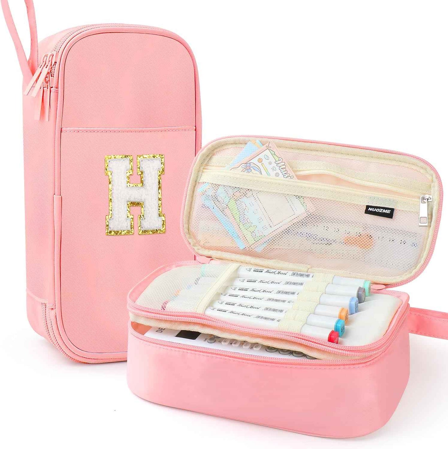 Extra Large Pencil Case,Big Capacity Pencil Pouch,Personalized Initial Pencil Bag with smooth zipper,Multiple Pockets,Cute Aesthetic Stationery Pen Case Bag for Teen Girls College (Pink, H)