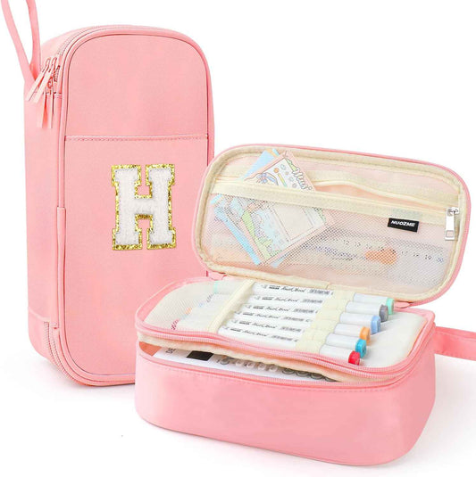 Extra Large Pencil Case,Big Capacity Pencil Pouch,Personalized Initial Pencil Bag with smooth zipper,Multiple Pockets,Cute Aesthetic Stationery Pen Case Bag for Teen Girls College (Pink, H)